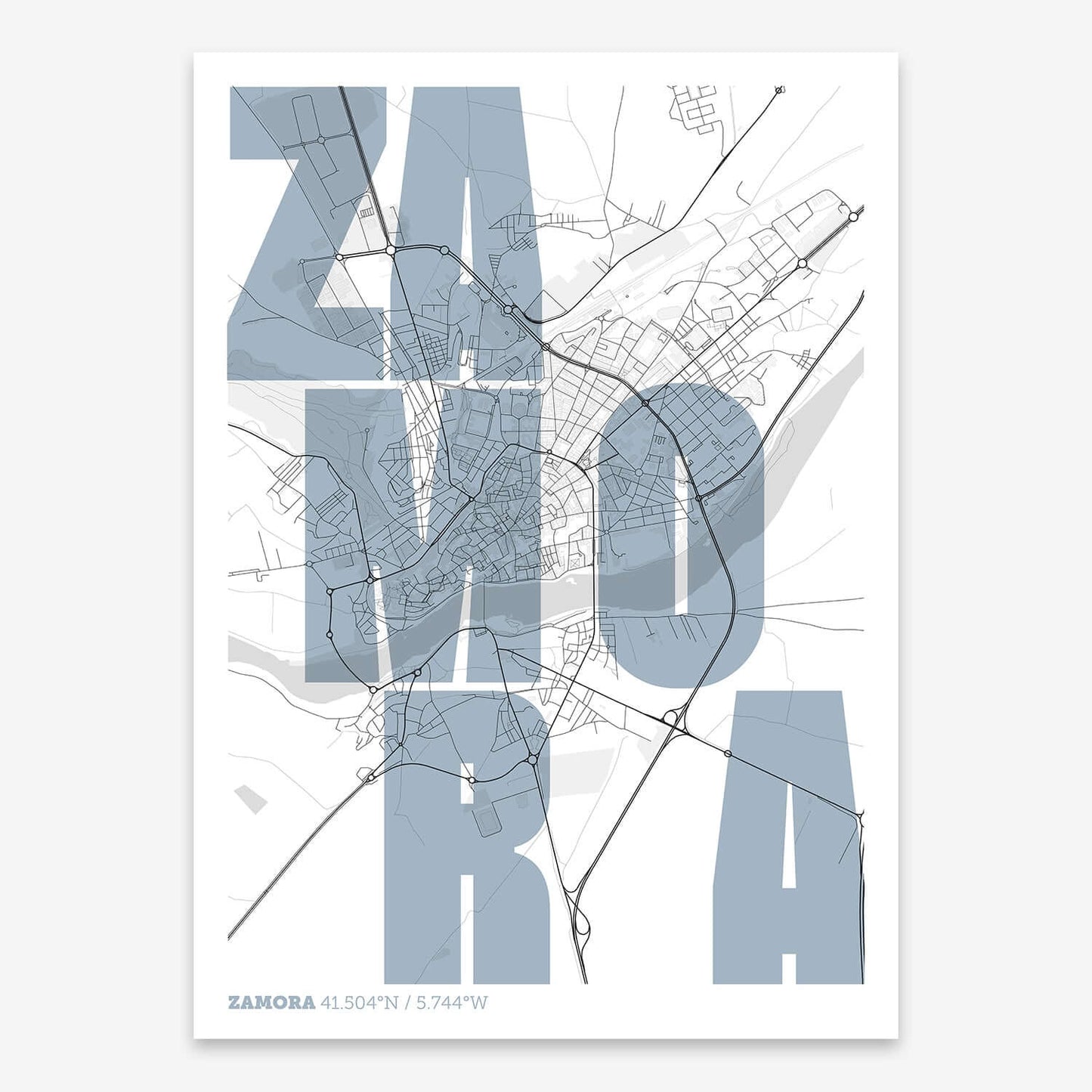 The map of Zamora with letters of its name placed randomly, designed in black and white