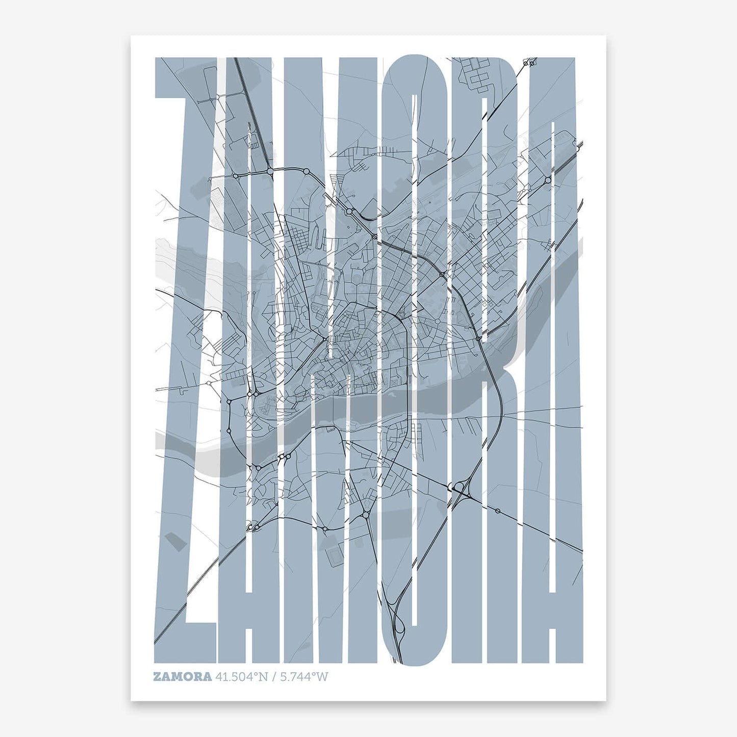 The map of Zamora and letters of its name in a giclée print designed in black and white