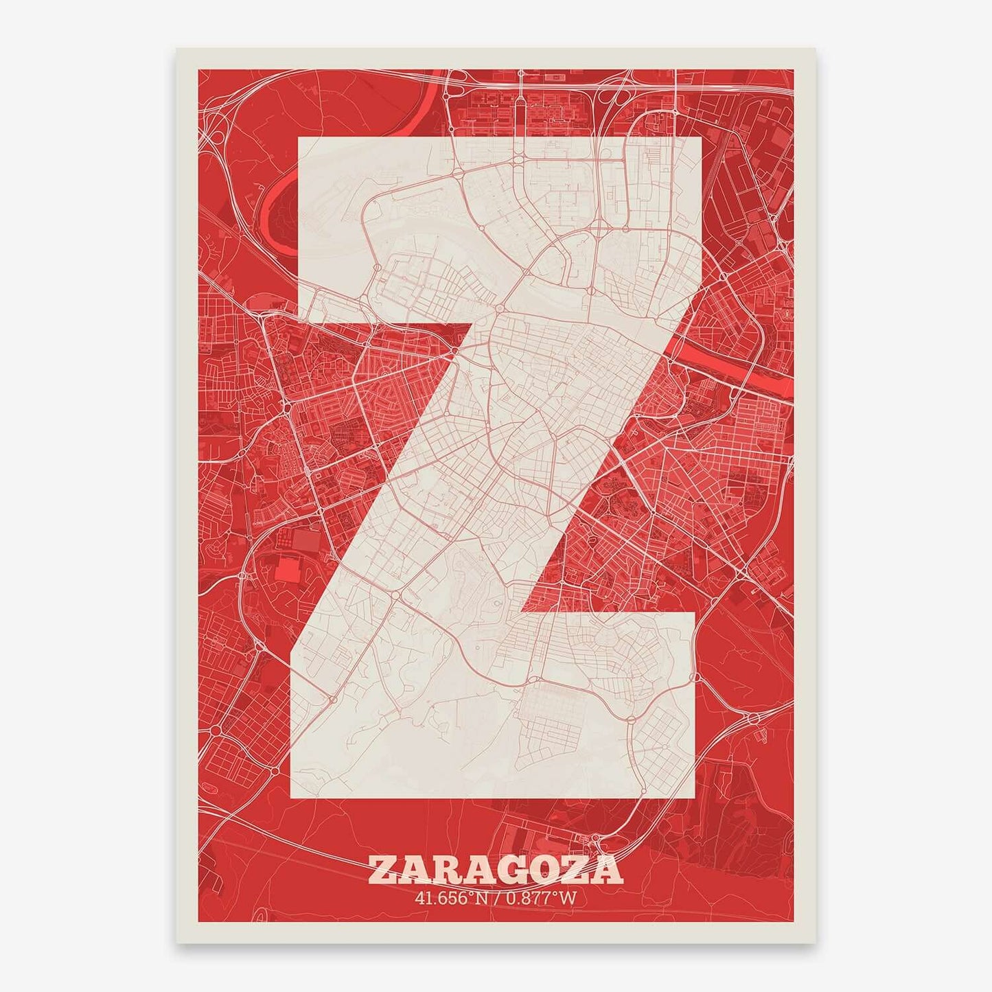 The map of Zaragoza composed with letters in a heavy geometric font printed on red and an off-white background