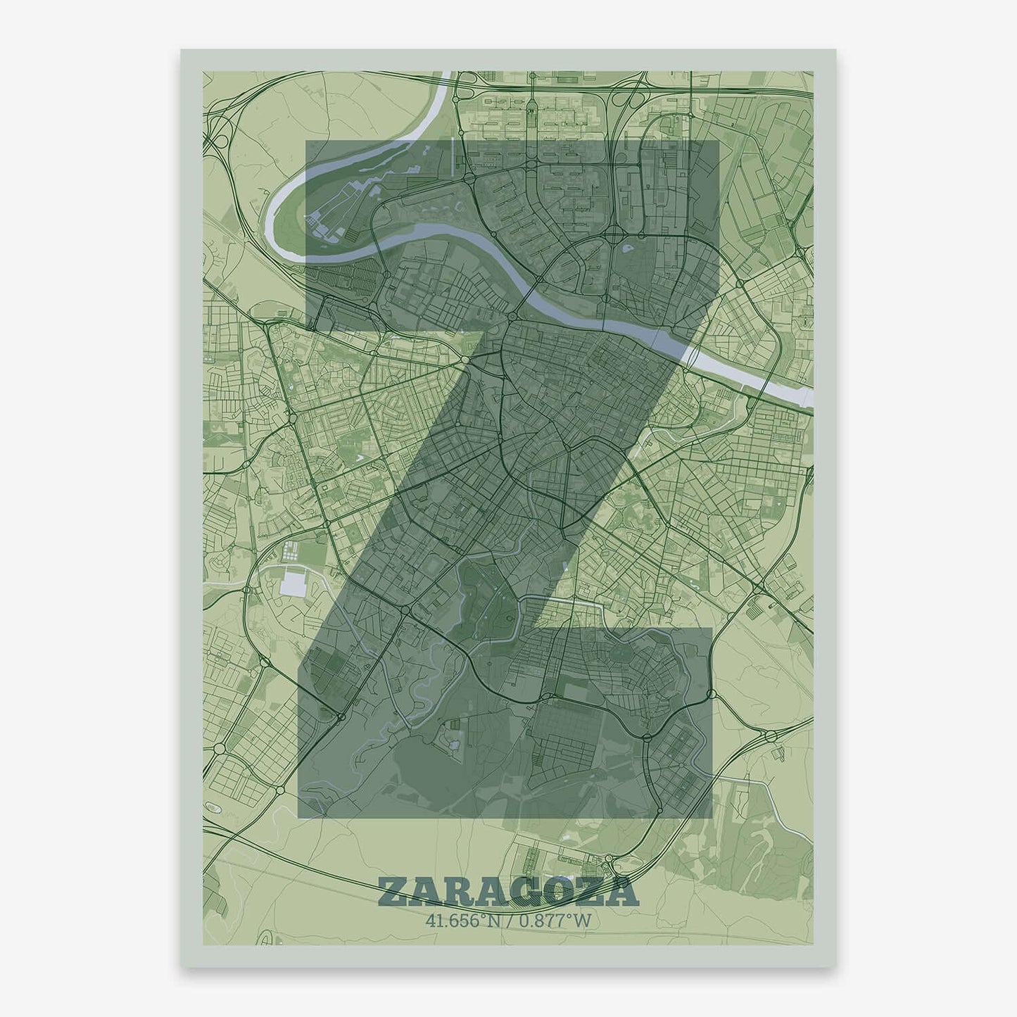 The map of Zaragoza composed with letters in a heavy geometric font printed on two green tones