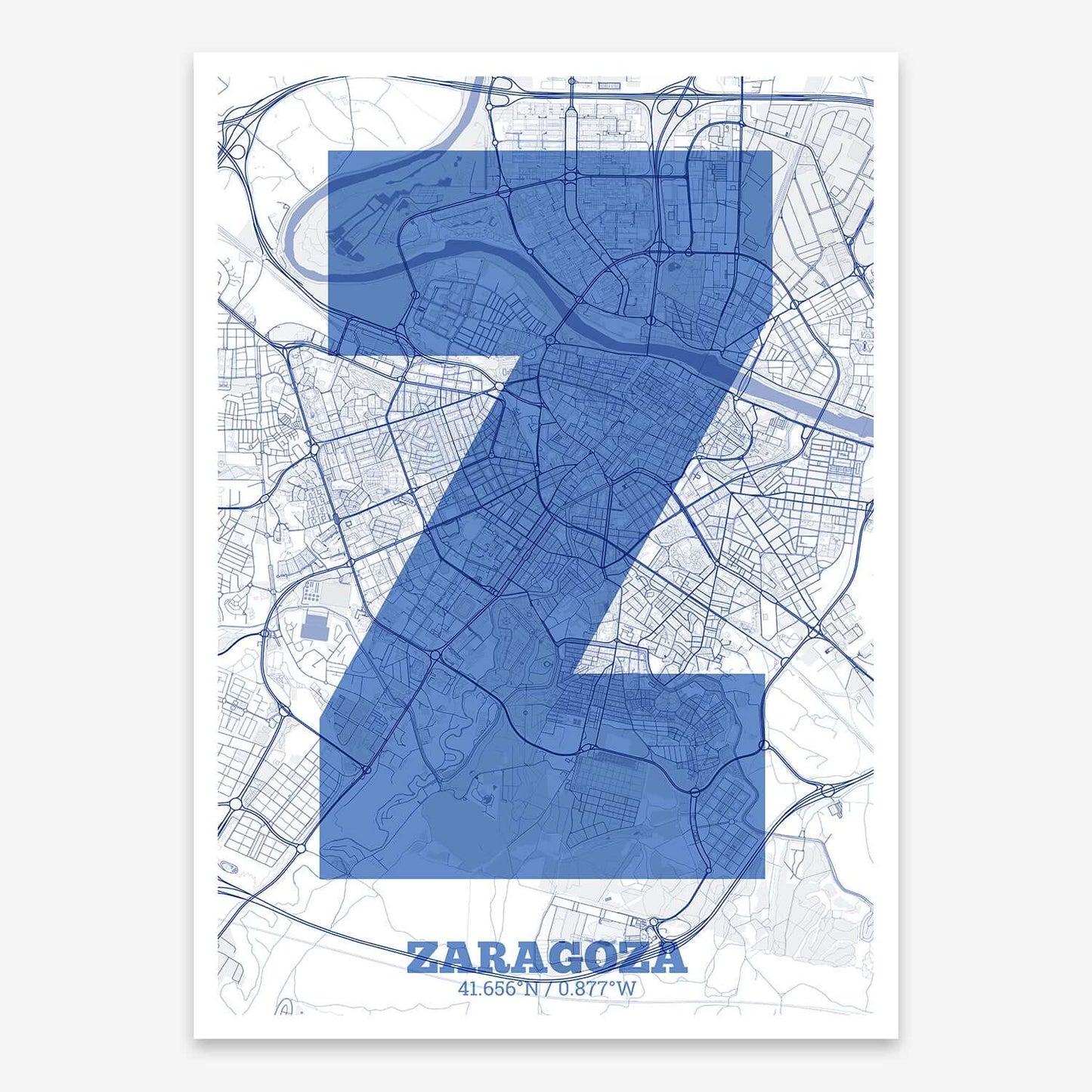 The map of Zaragoza composed with letters in a heavy geometric font printed on navy blue and white
