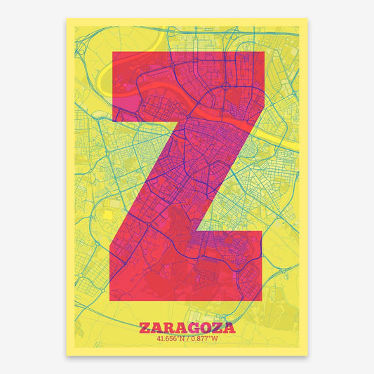The map of Zaragoza composed with letters in a heavy geometric font printed on yellow and fuchsia