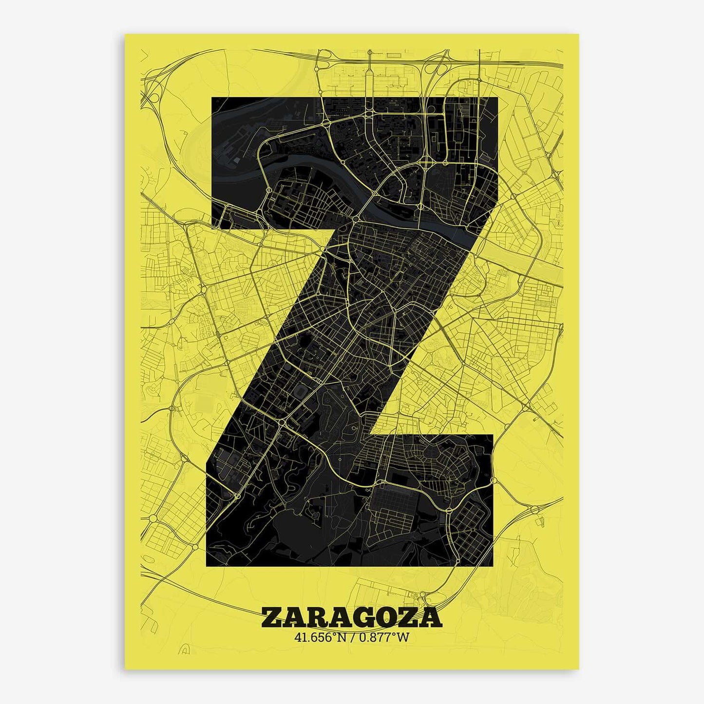 The map of Zaragoza composed with letters in a heavy geometric font printed on black and yellow
