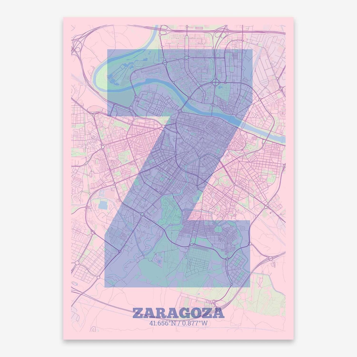 The map of Zaragoza composed with letters in a heavy geometric font printed on pink and light blue