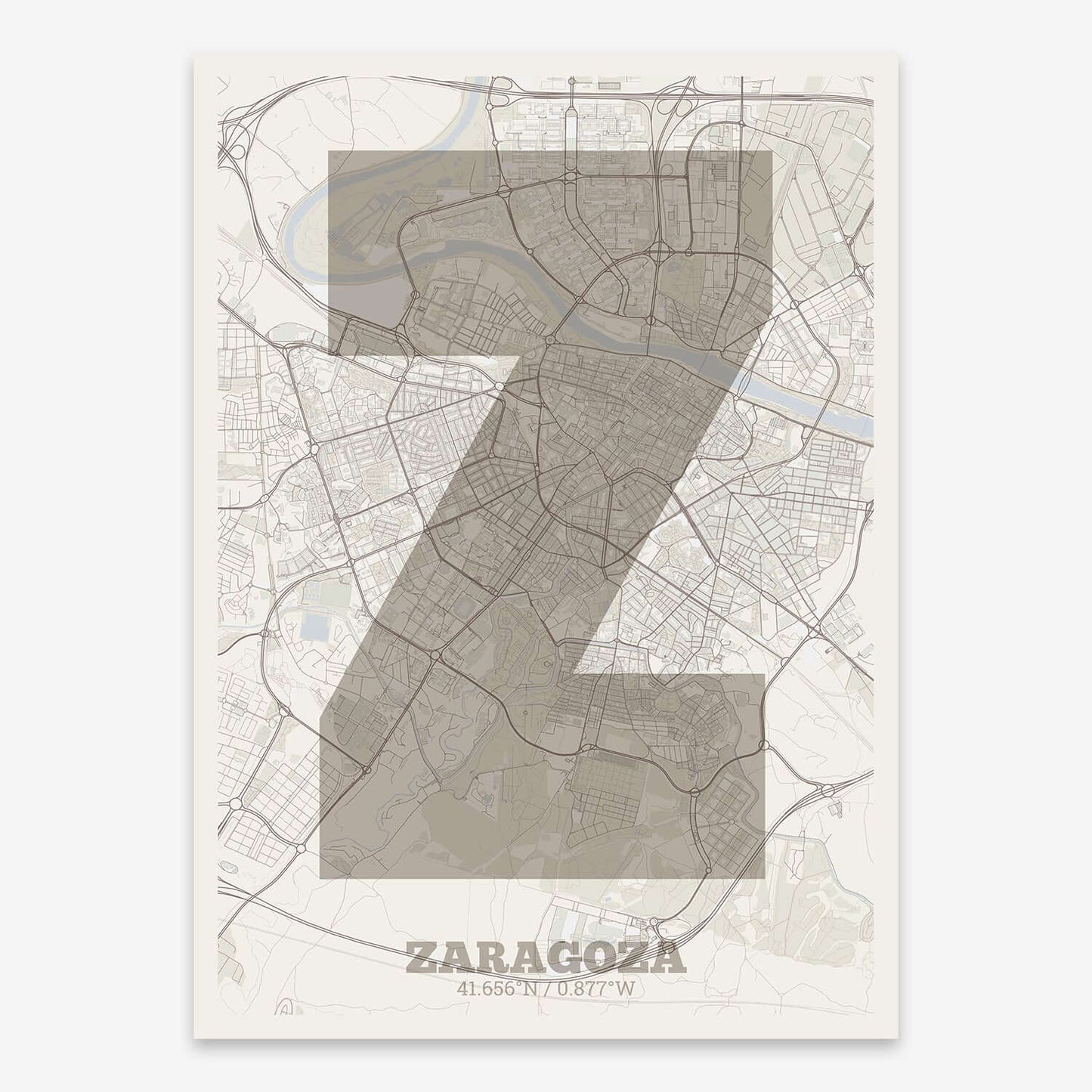 The map of Zaragoza composed with letters in a heavy geometric font printed on light brown and an off-white background