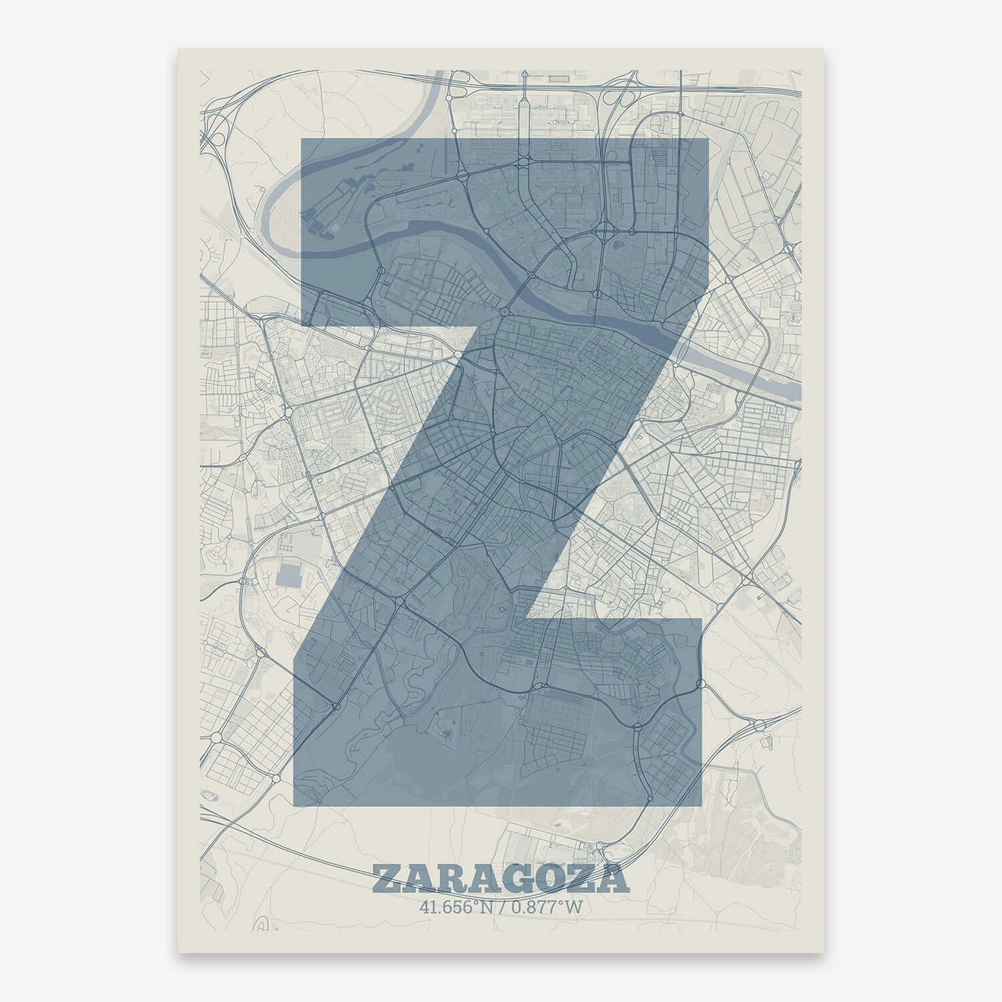 The map of Zaragoza composed with letters in a heavy geometric font printed on bluish gray and an off-white background