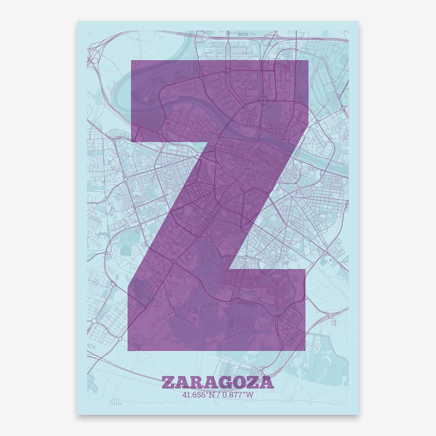 The map of Zaragoza composed with letters in a heavy geometric font printed on purple and light blue