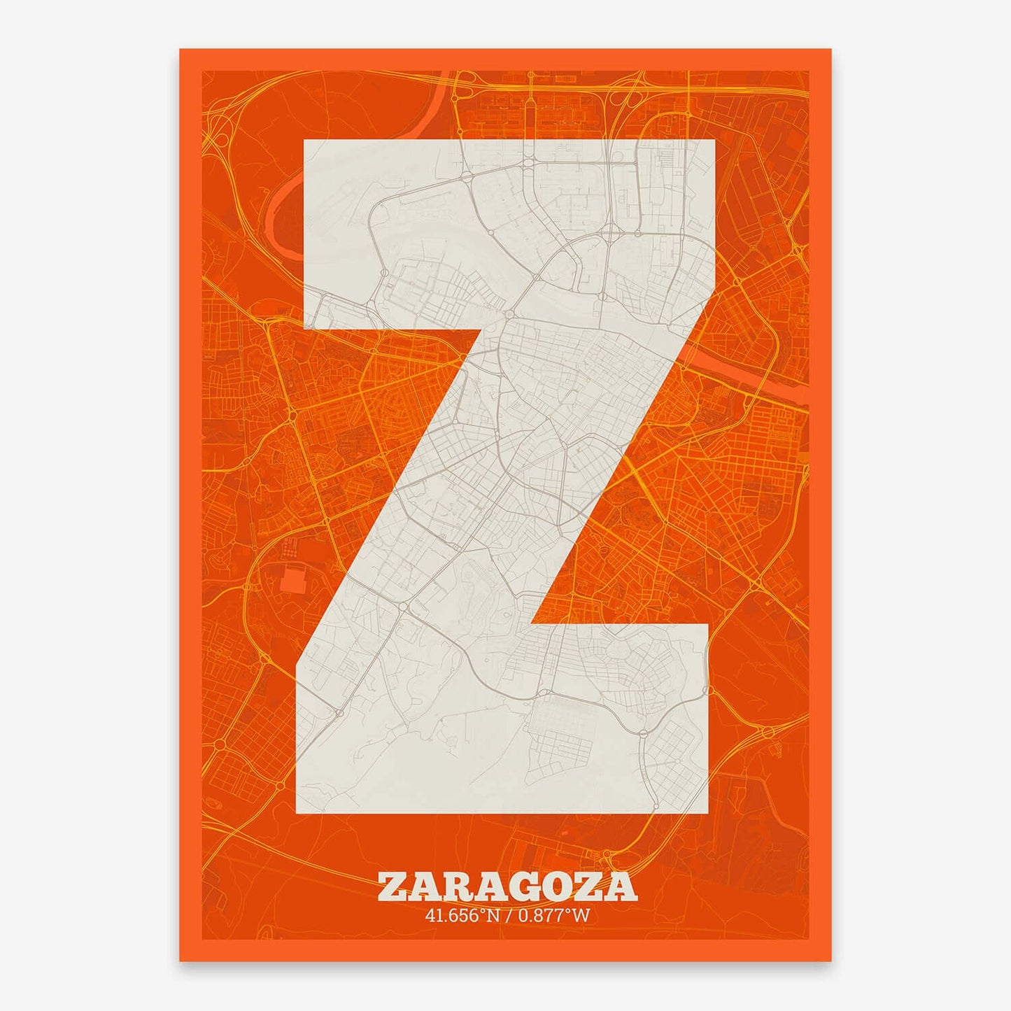 The map of Zaragoza composed with letters in a heavy geometric font printed on orange and an off-white background