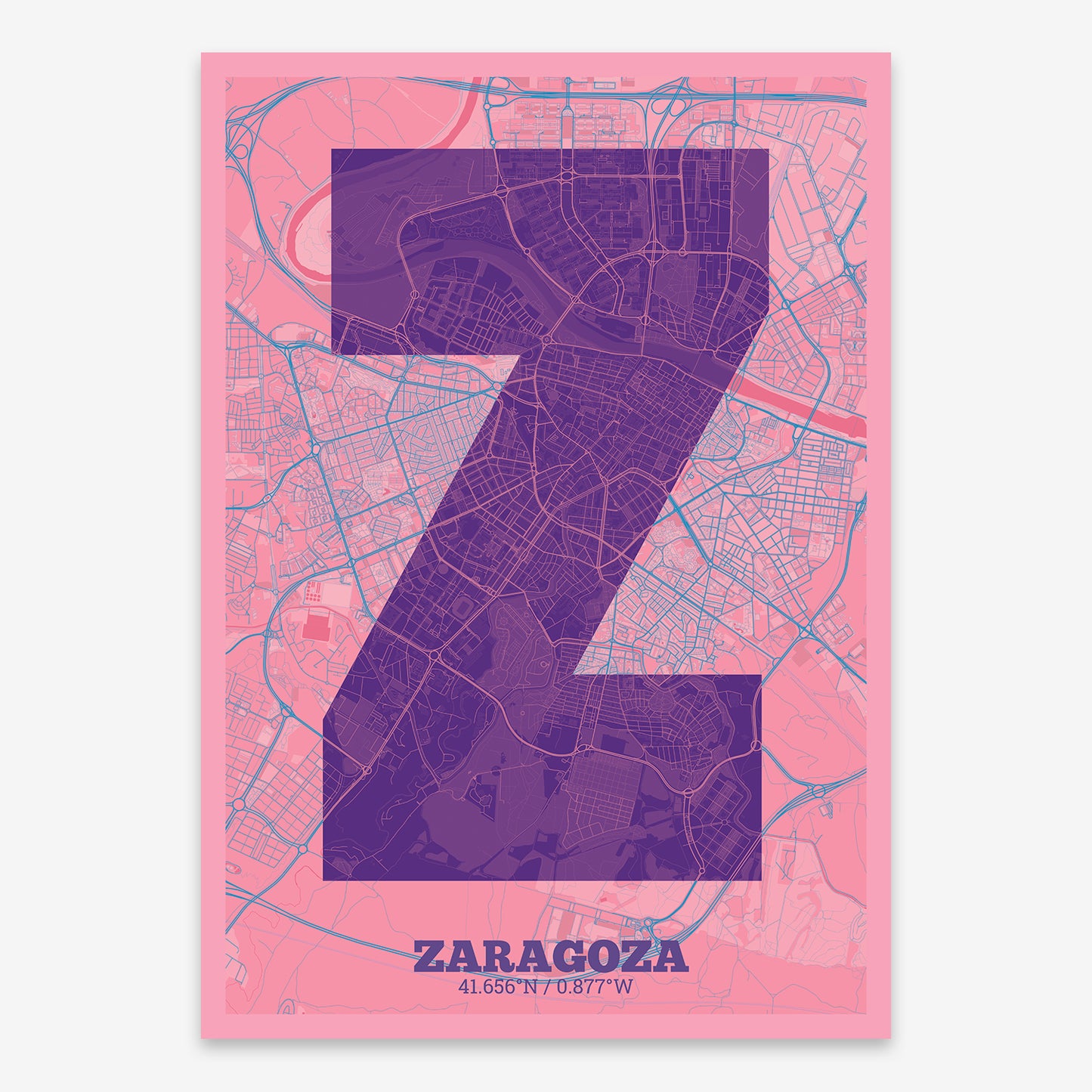 The map of Zaragoza composed with letters in a heavy geometric font printed on violet y pink background