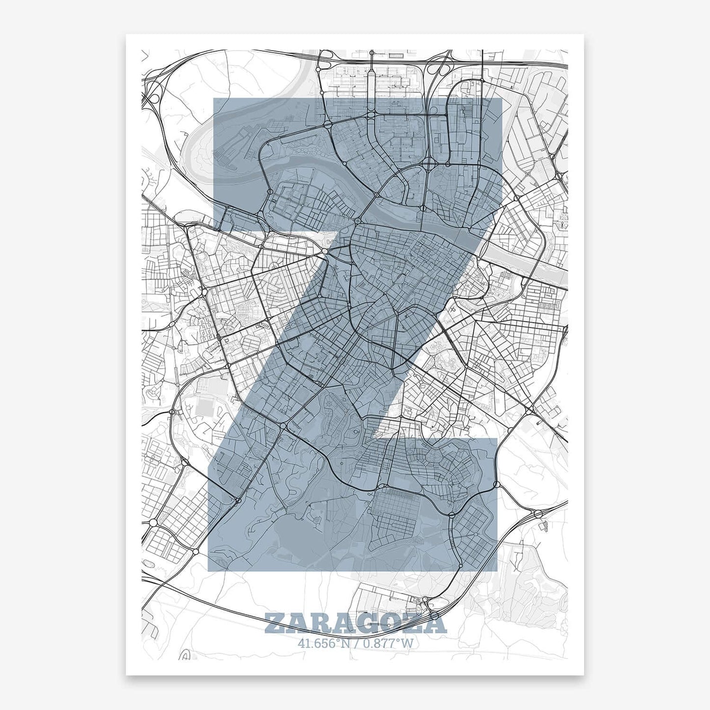 The map of Zaragoza composed with letters in a heavy geometric font printed on black and white
