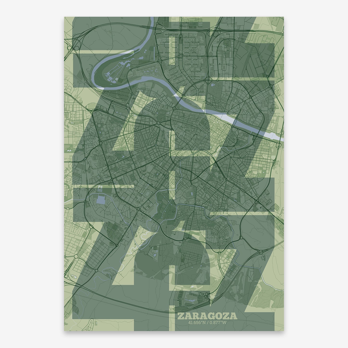 The map of Zaragoza composed with letters from its name or IATA code printed on two green tones