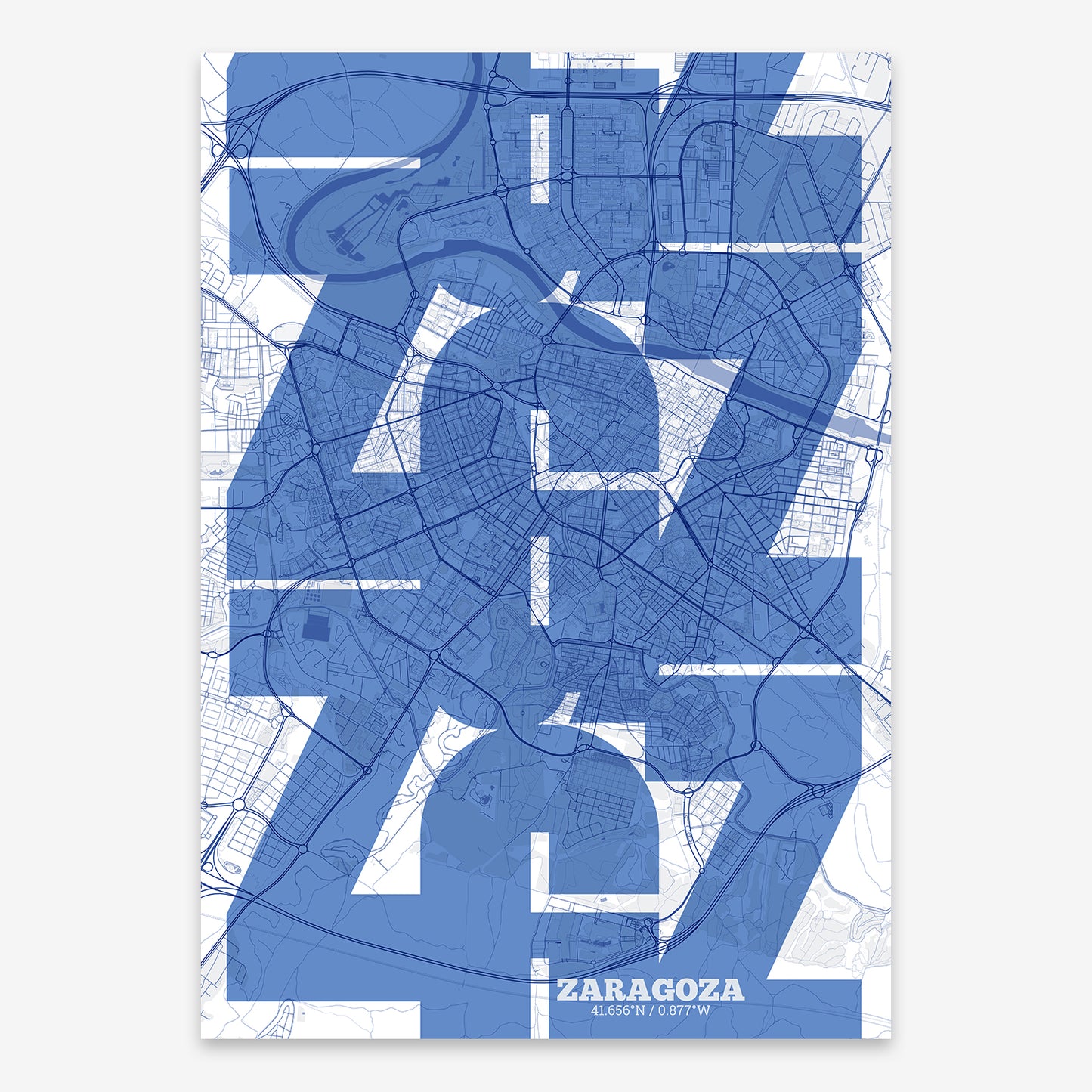 The map of Zaragoza composed with letters from its name or IATA code printed on navy blue and white