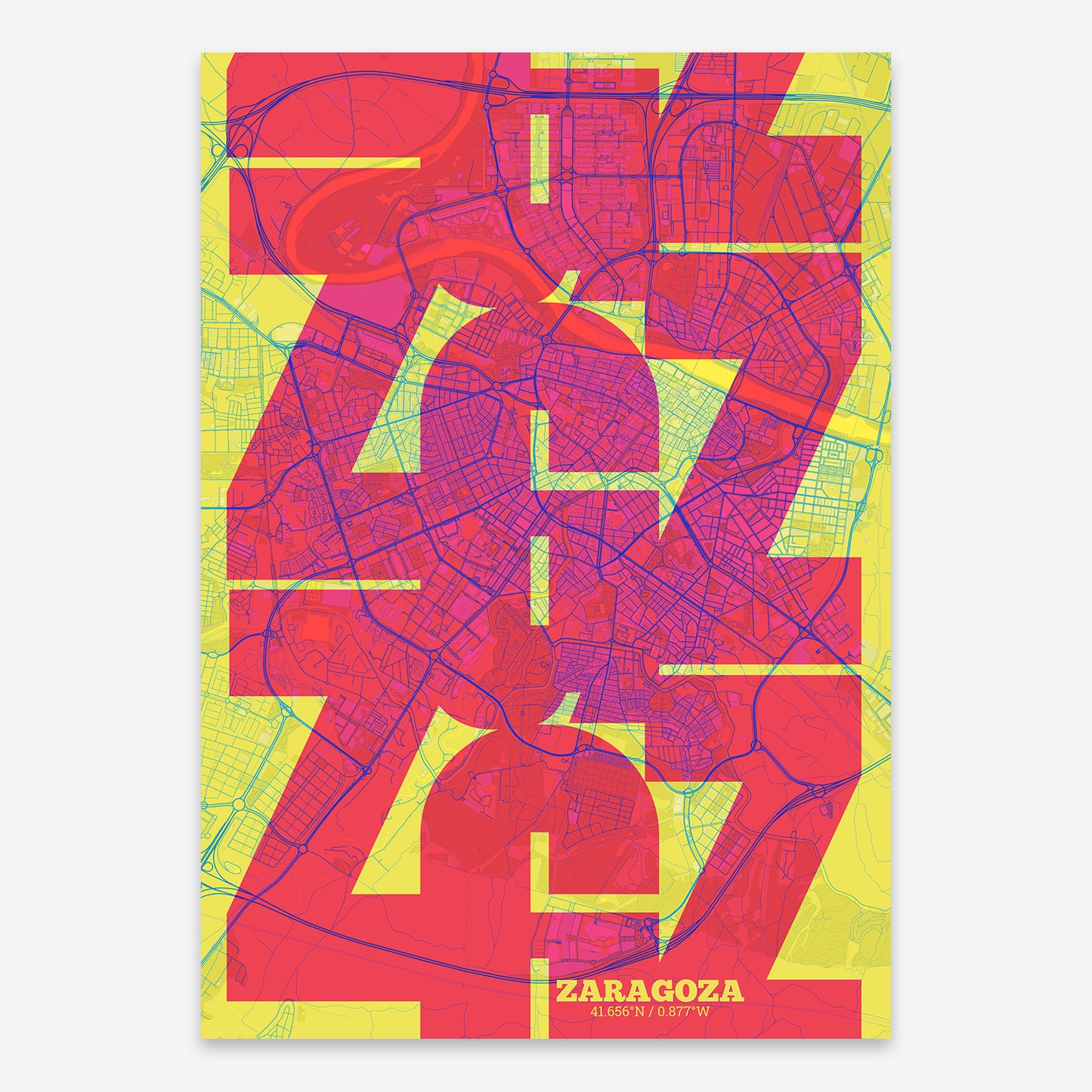 The map of Zaragoza composed with letters from its name or IATA code printed on yellow and fuchsia