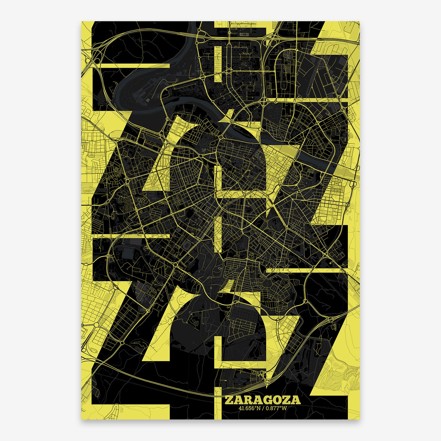 The map of Zaragoza composed with letters from its name or IATA code printed on black and yellow