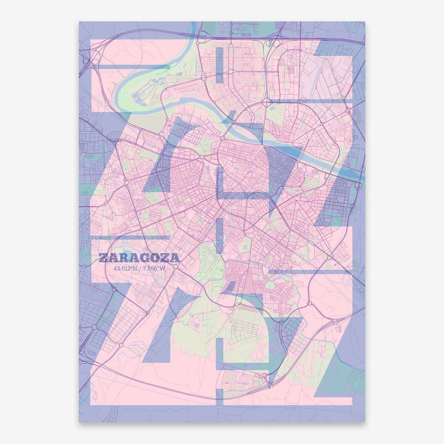 The map of Zaragoza composed with letters from its name or IATA code printed on pink and light blue