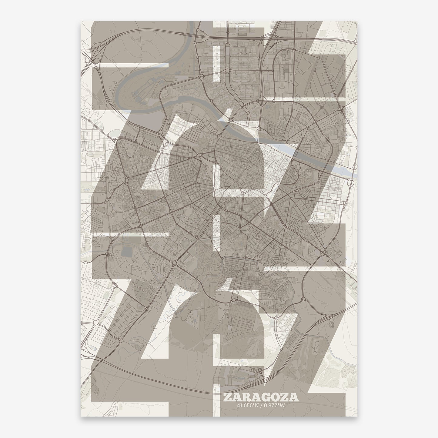The map of Zaragoza composed with letters from its name or IATA code printed on light brown and an off-white background