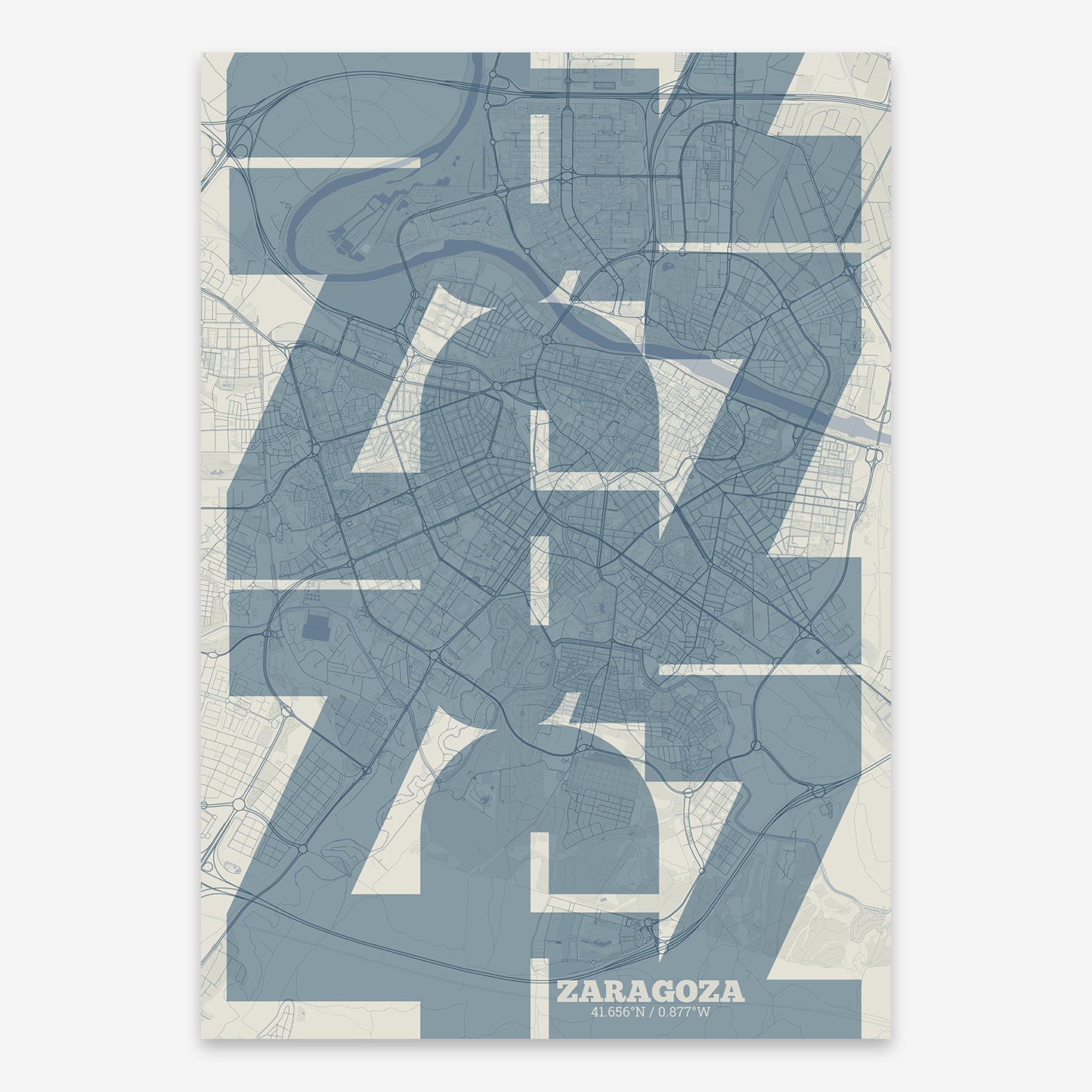 The map of Zaragoza composed with letters from its name or IATA code printed on bluish gray and an off-white background