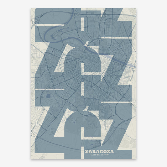 The map of Zaragoza composed with letters from its name or IATA code printed on bluish gray and an off-white background