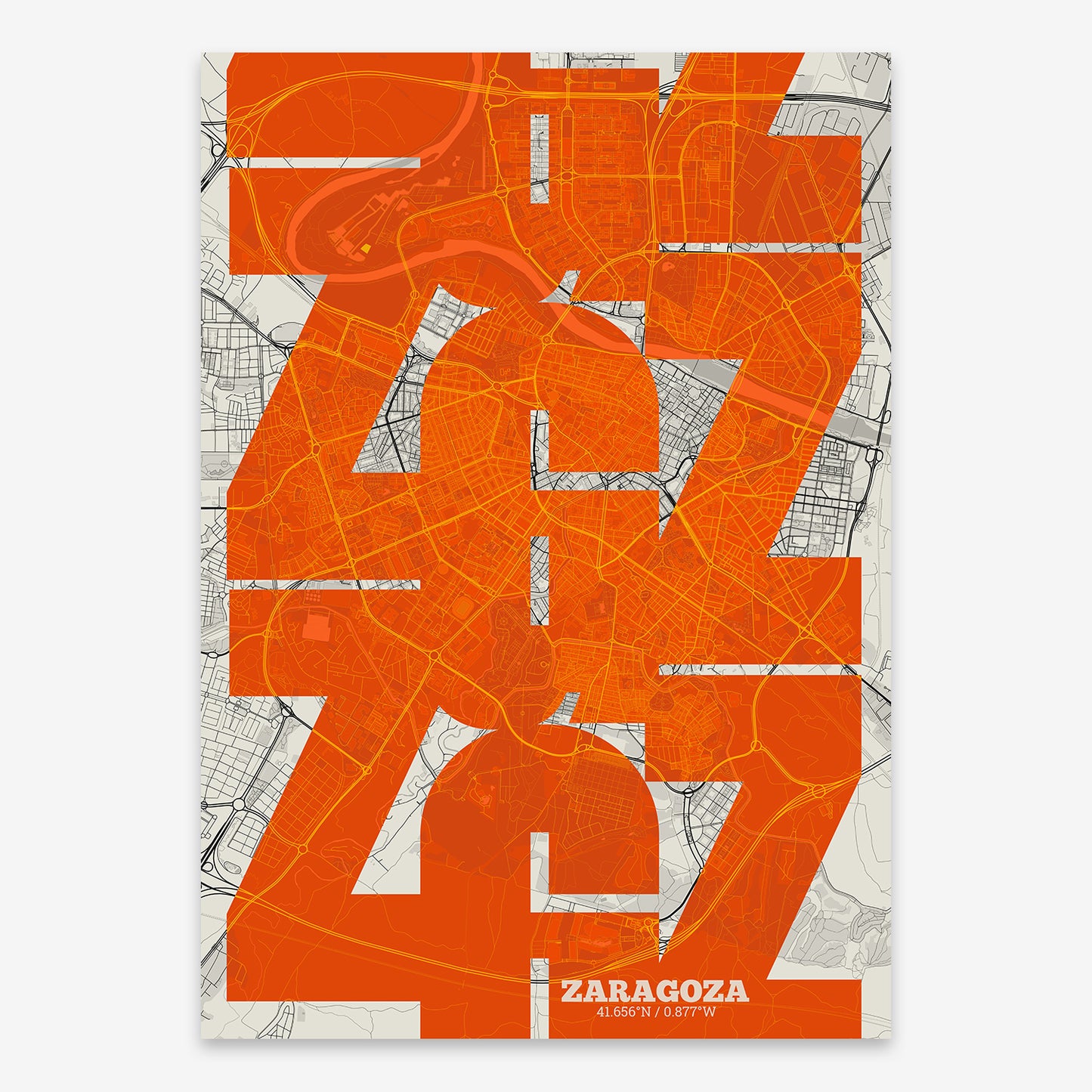 The map of Zaragoza composed with letters from its name or IATA code printed on orange and an off-white background