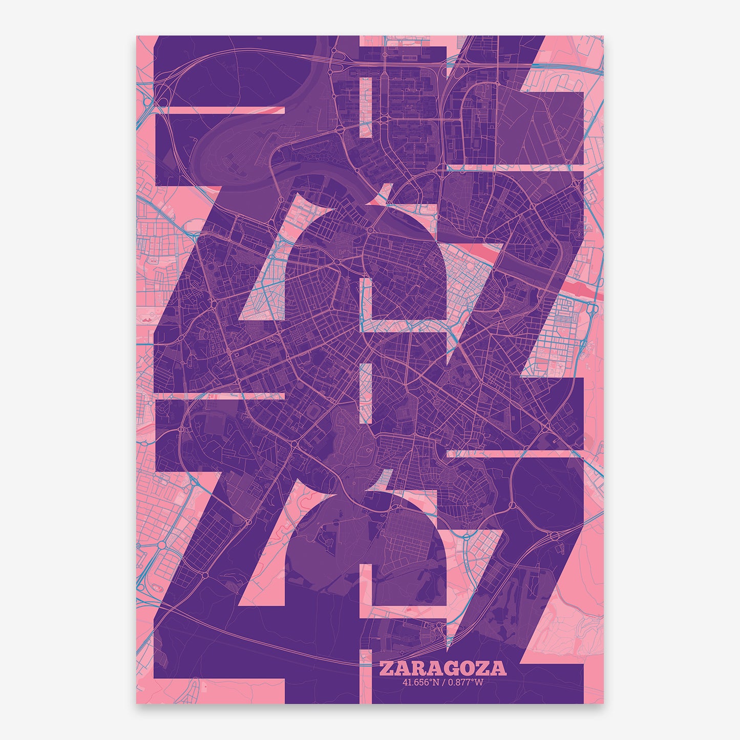 The map of Zaragoza composed with letters from its name or IATA code printed on violet y pink background