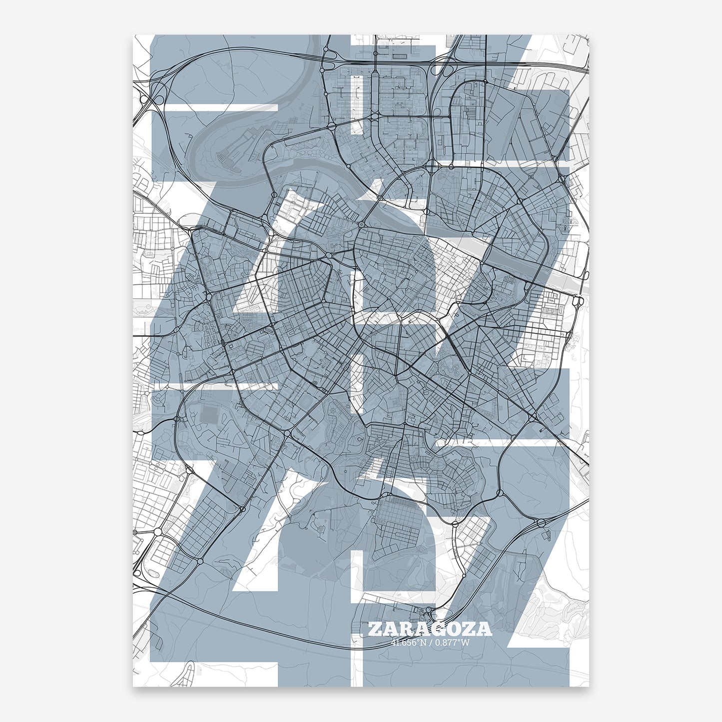 The map of Zaragoza composed with letters from its name or IATA code printed on black and white