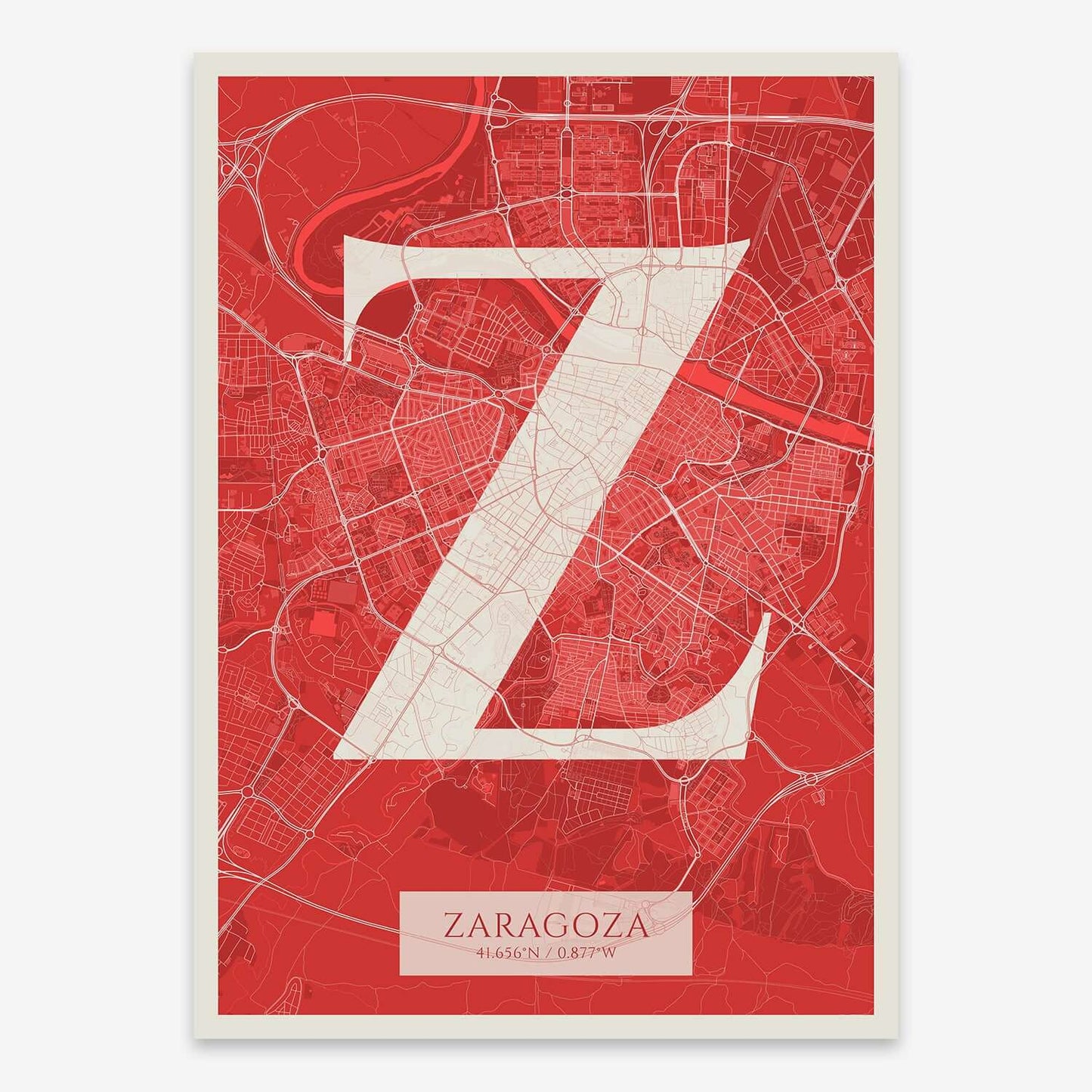 The map of Zaragoza composed with letters in serif font printed on red and an off-white background