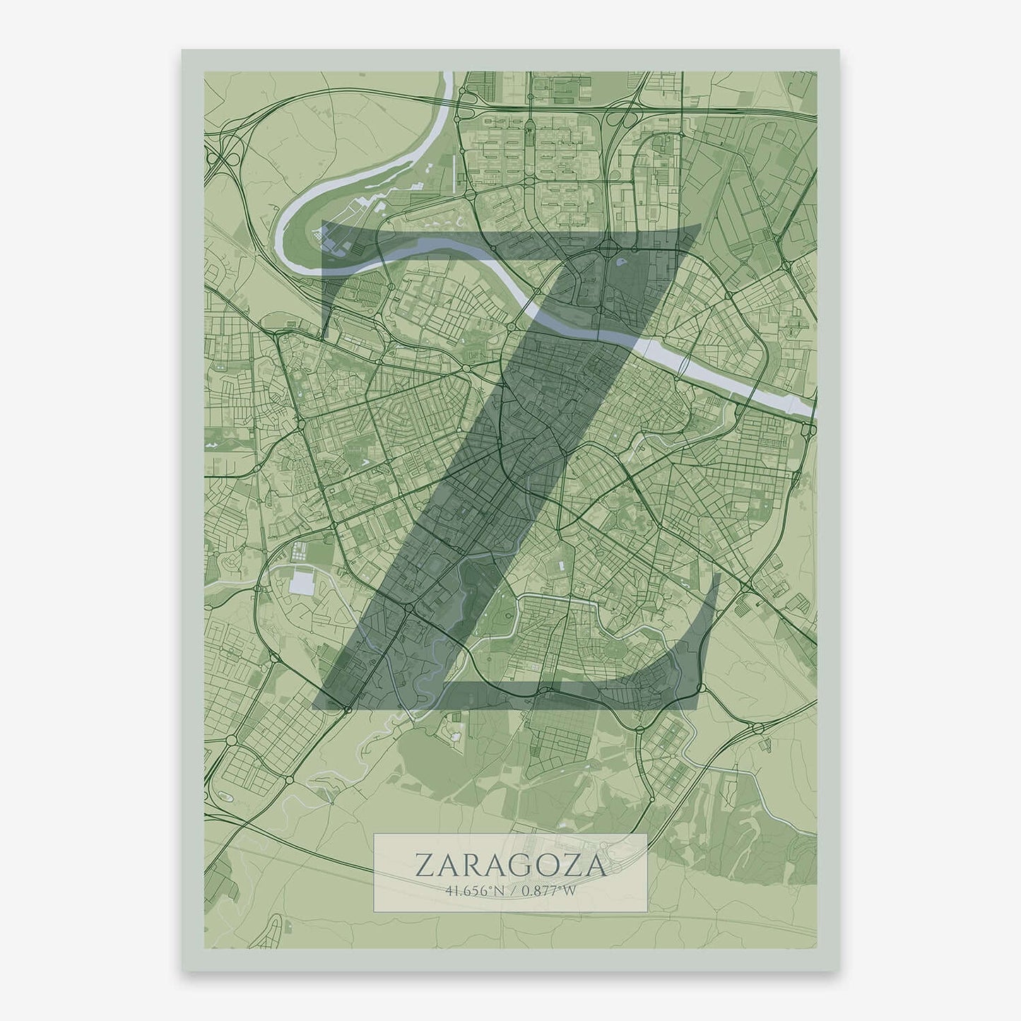 The map of Zaragoza composed with letters in serif font printed on two green tones