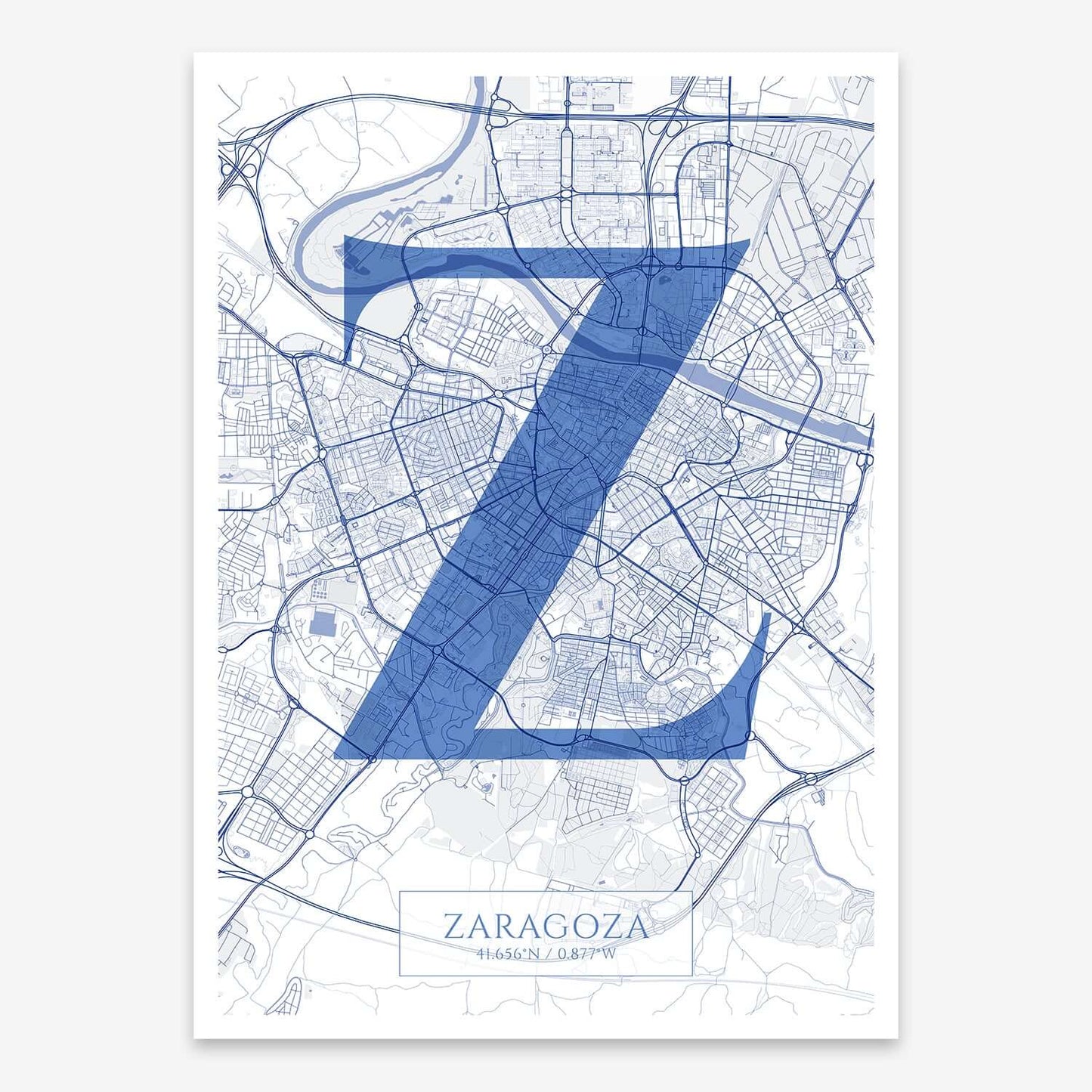 The map of Zaragoza composed with letters in serif font printed on navy blue and white
