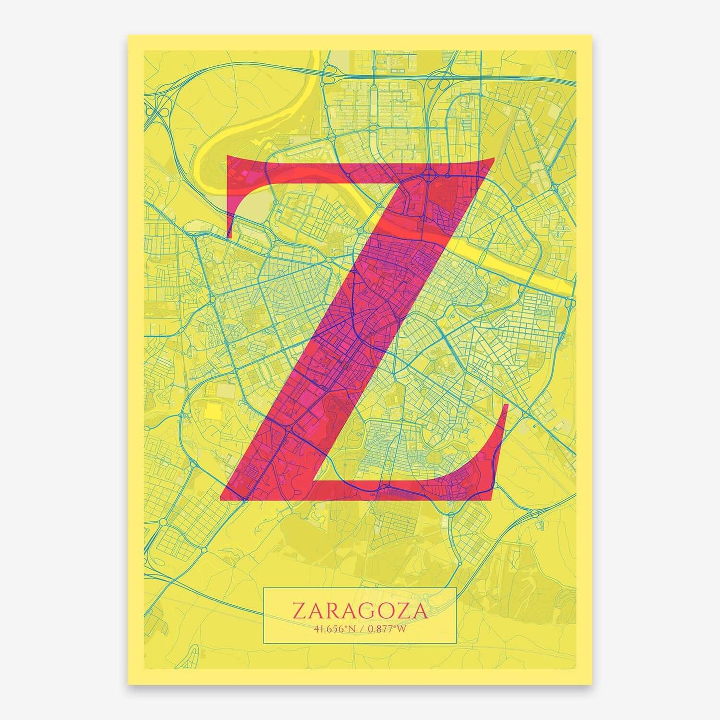 The map of Zaragoza composed with letters in serif font printed on yellow and fuchsia