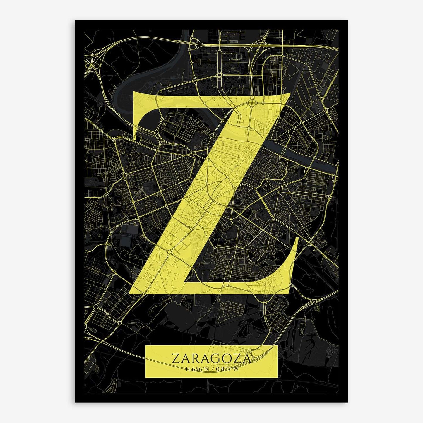 The map of Zaragoza composed with letters in serif font printed on black and yellow