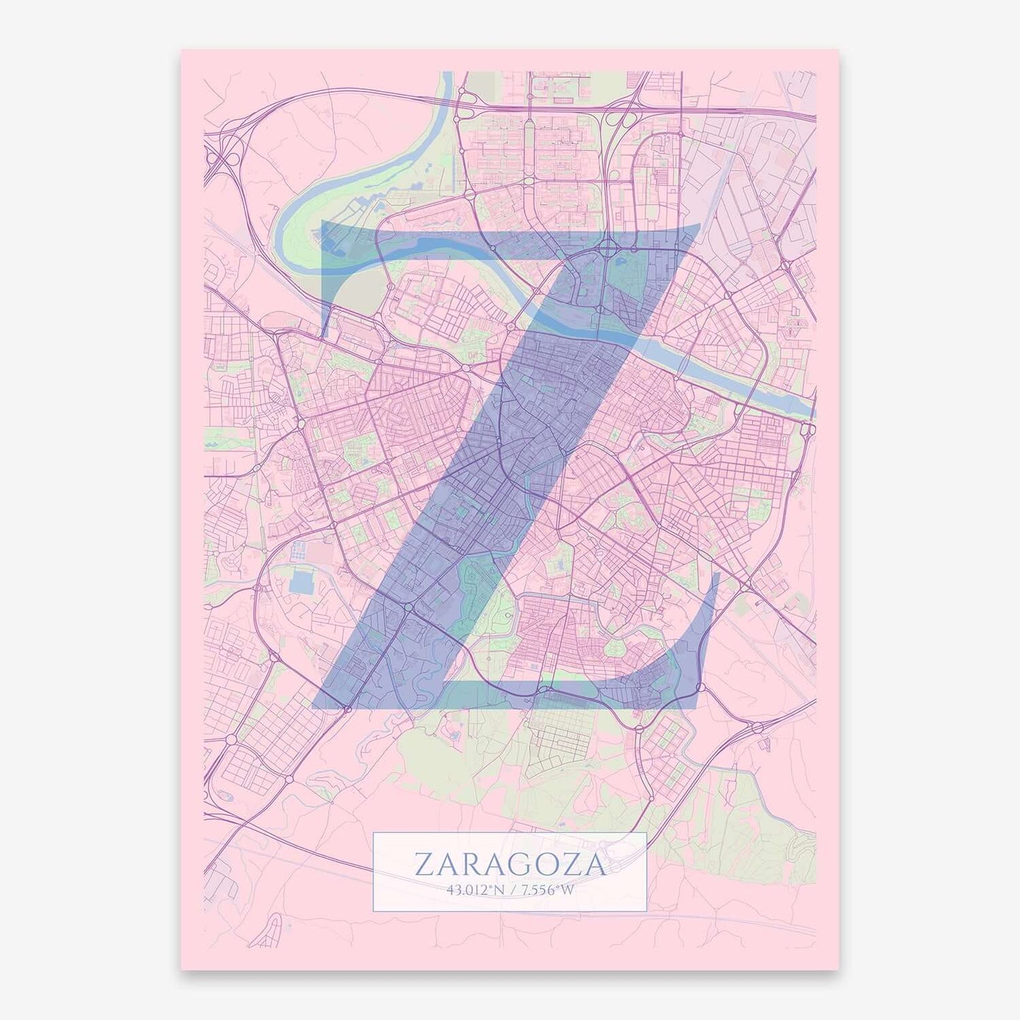 The map of Zaragoza composed with letters in serif font printed on pink and light blue