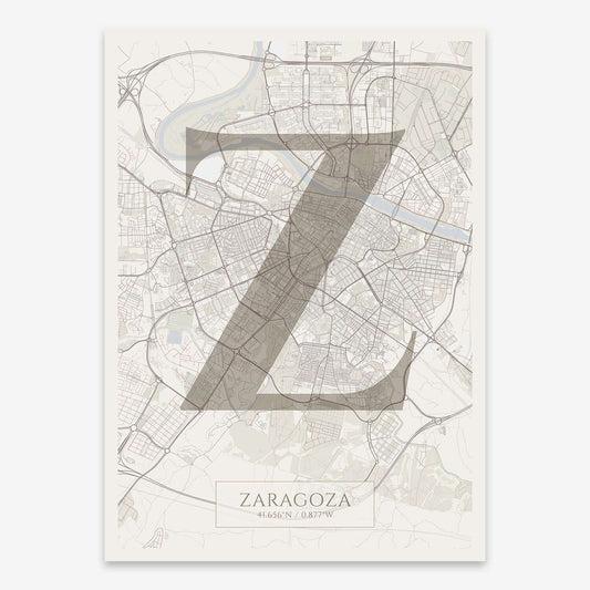 The map of Zaragoza composed with letters in serif font printed on light brown and an off-white background