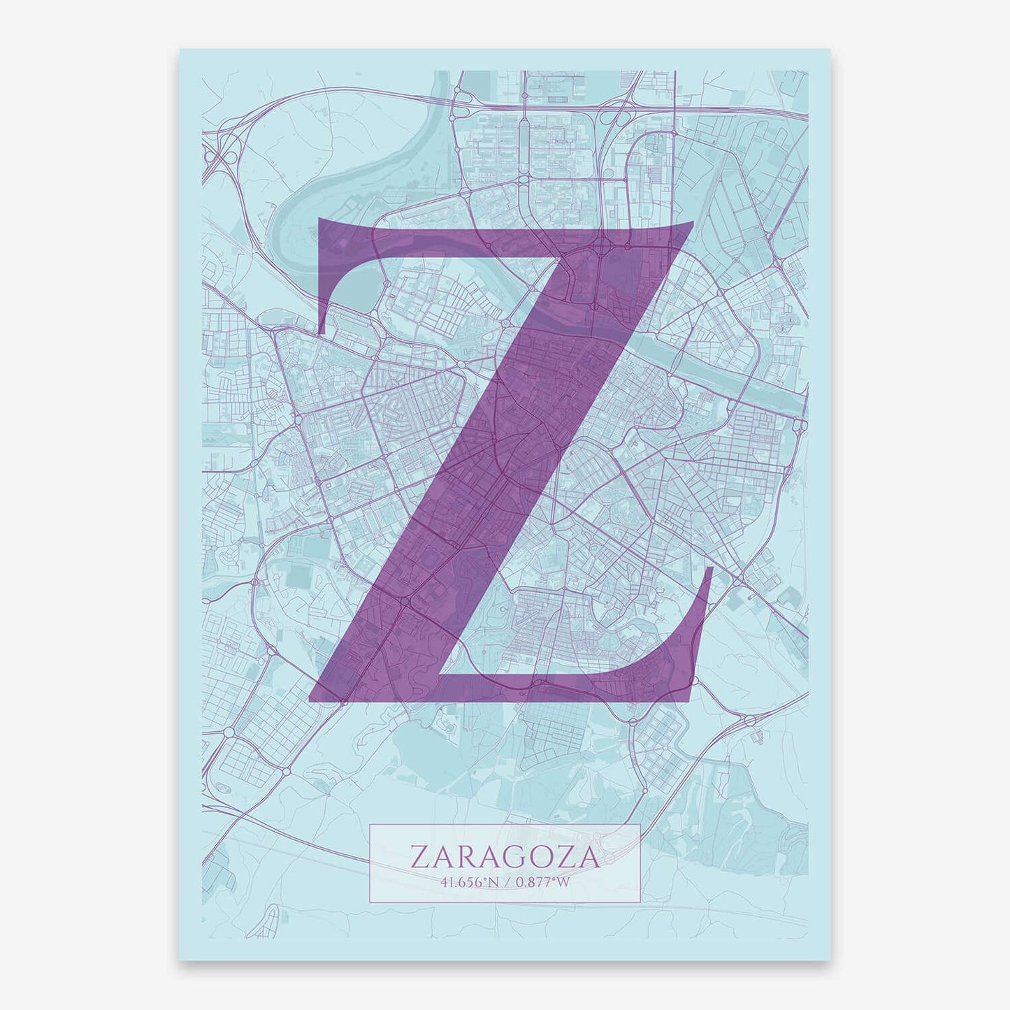 The map of Zaragoza composed with letters in serif font printed on purple and light blue