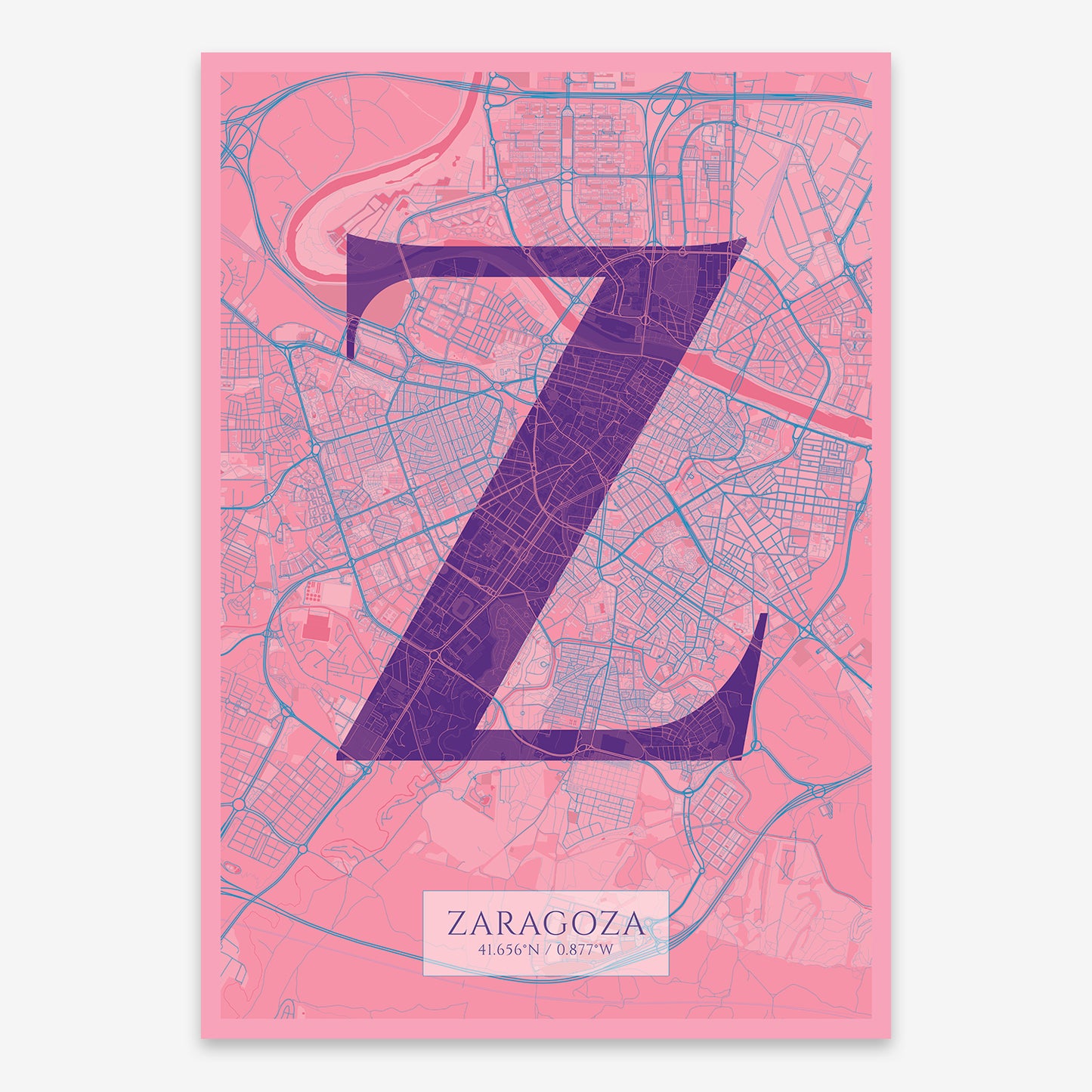 The map of Zaragoza composed with letters in serif font printed on violet y pink background