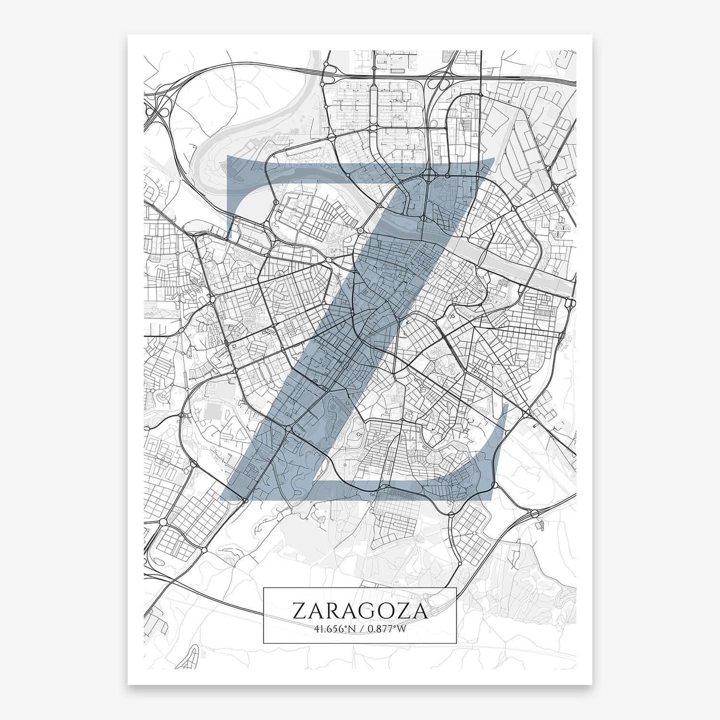 The map of Zaragoza composed with letters in serif font printed on black and white