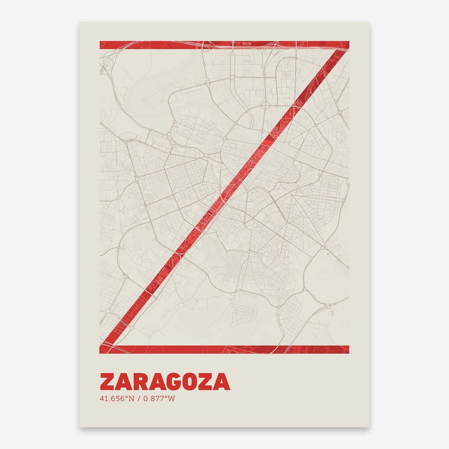 The map of Zaragoza composed with letters in extra light font printed on red and an off-white background