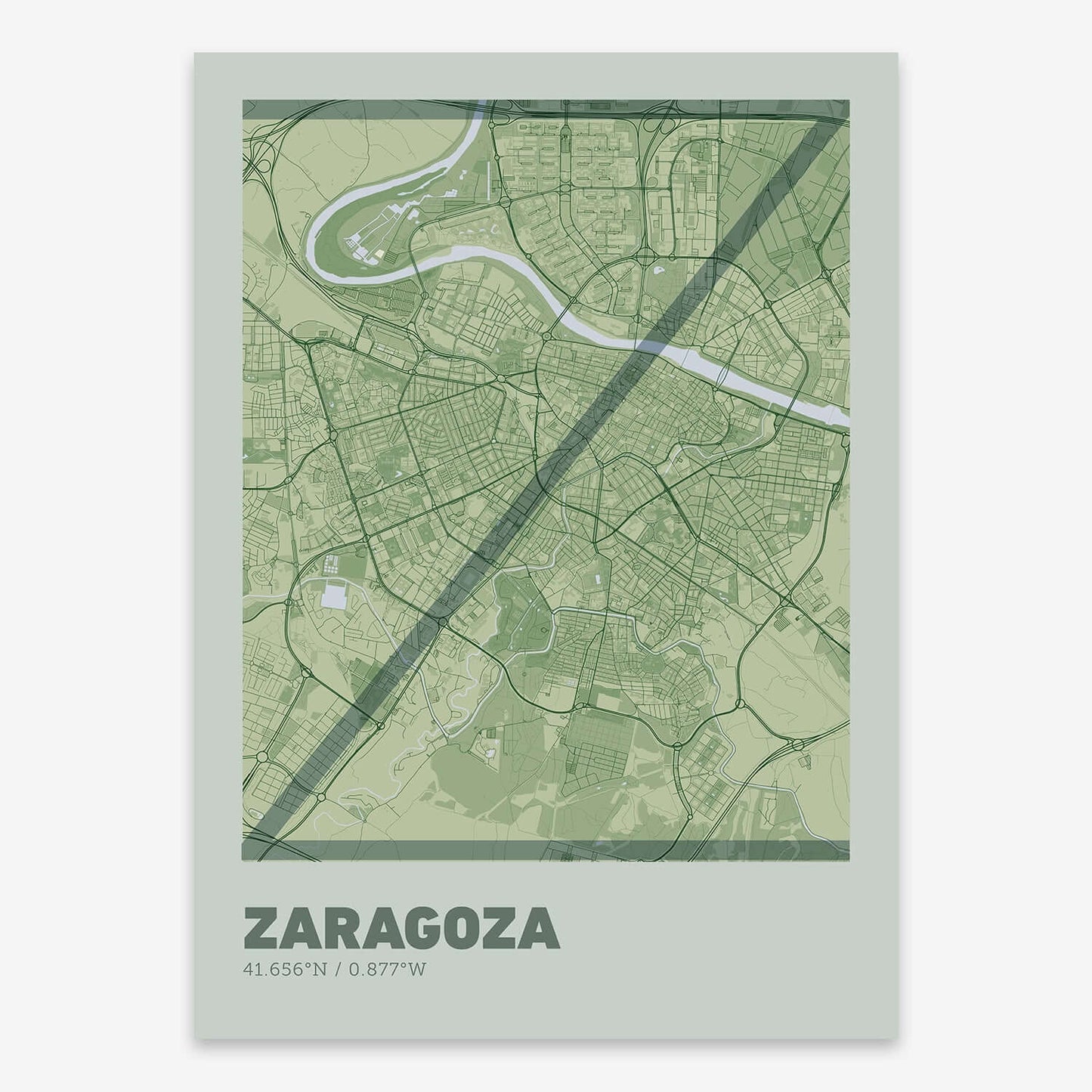 The map of Zaragoza composed with letters in extra light font printed on two green tones