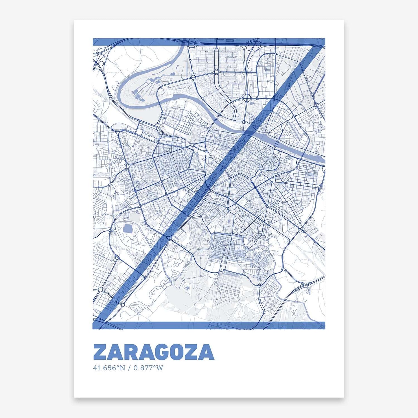 The map of Zaragoza composed with letters in extra light font printed on navy blue and white