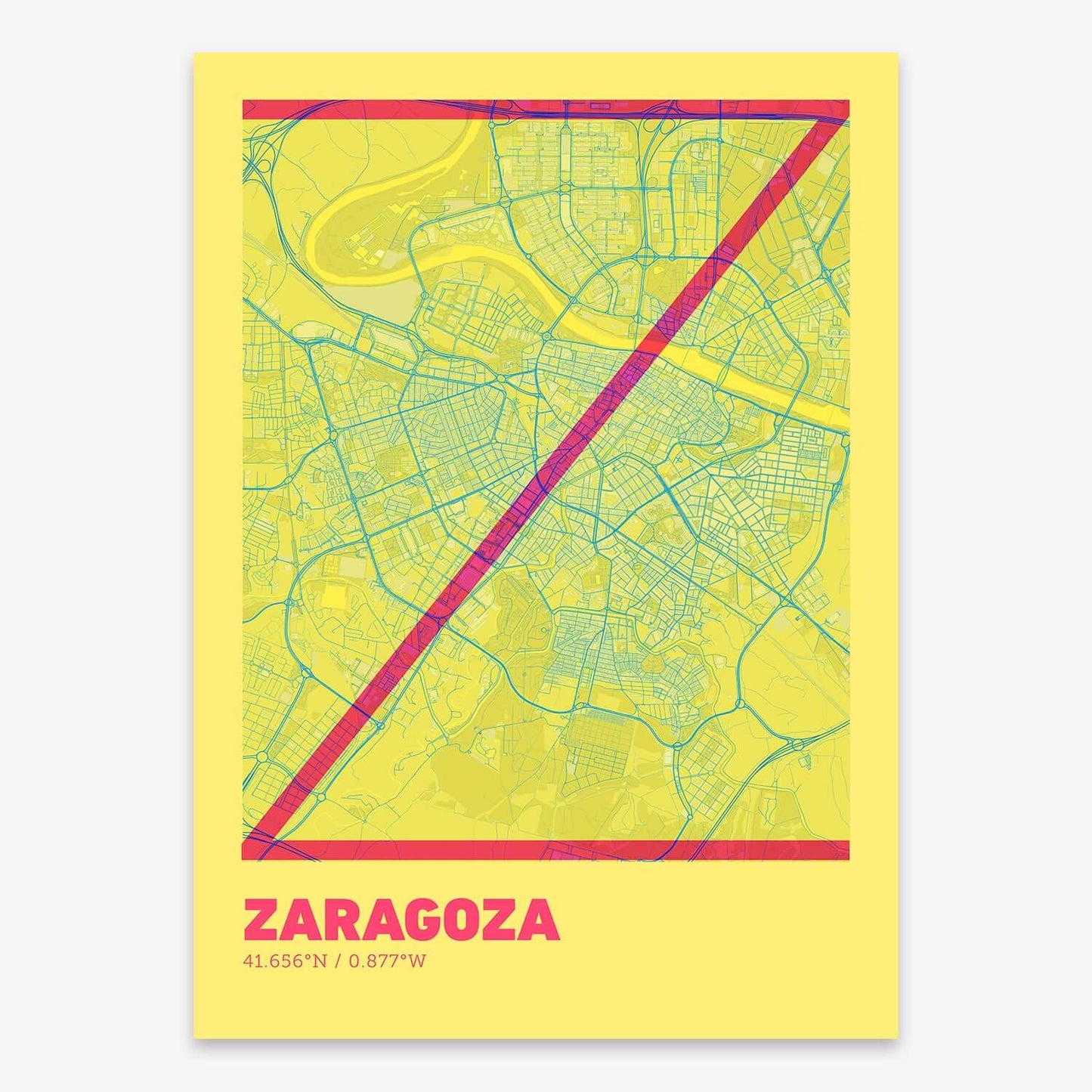 The map of Zaragoza composed with letters in extra light font printed on yellow and fuchsia