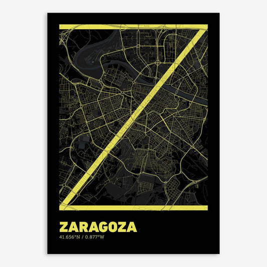 The map of Zaragoza composed with letters in extra light font printed on black and yellow