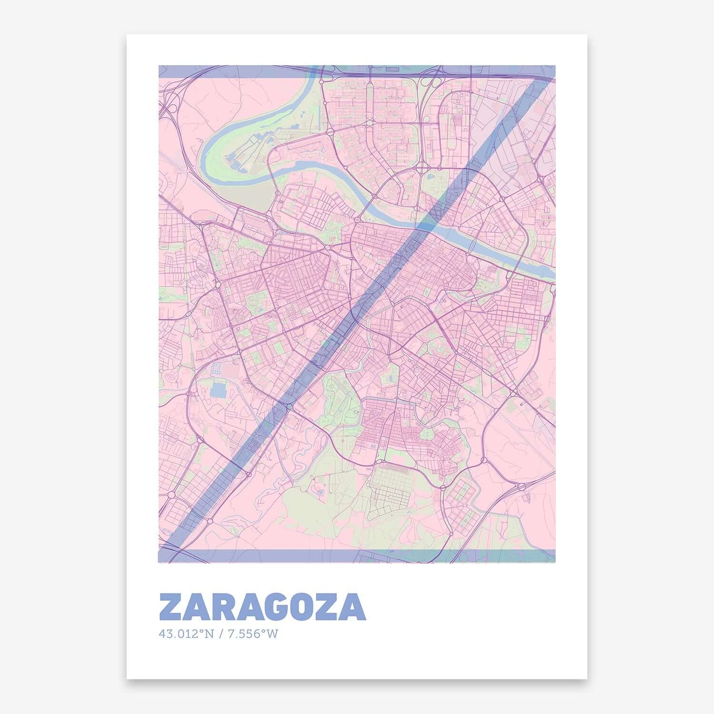 The map of Zaragoza composed with letters in extra light font printed on pink and light blue