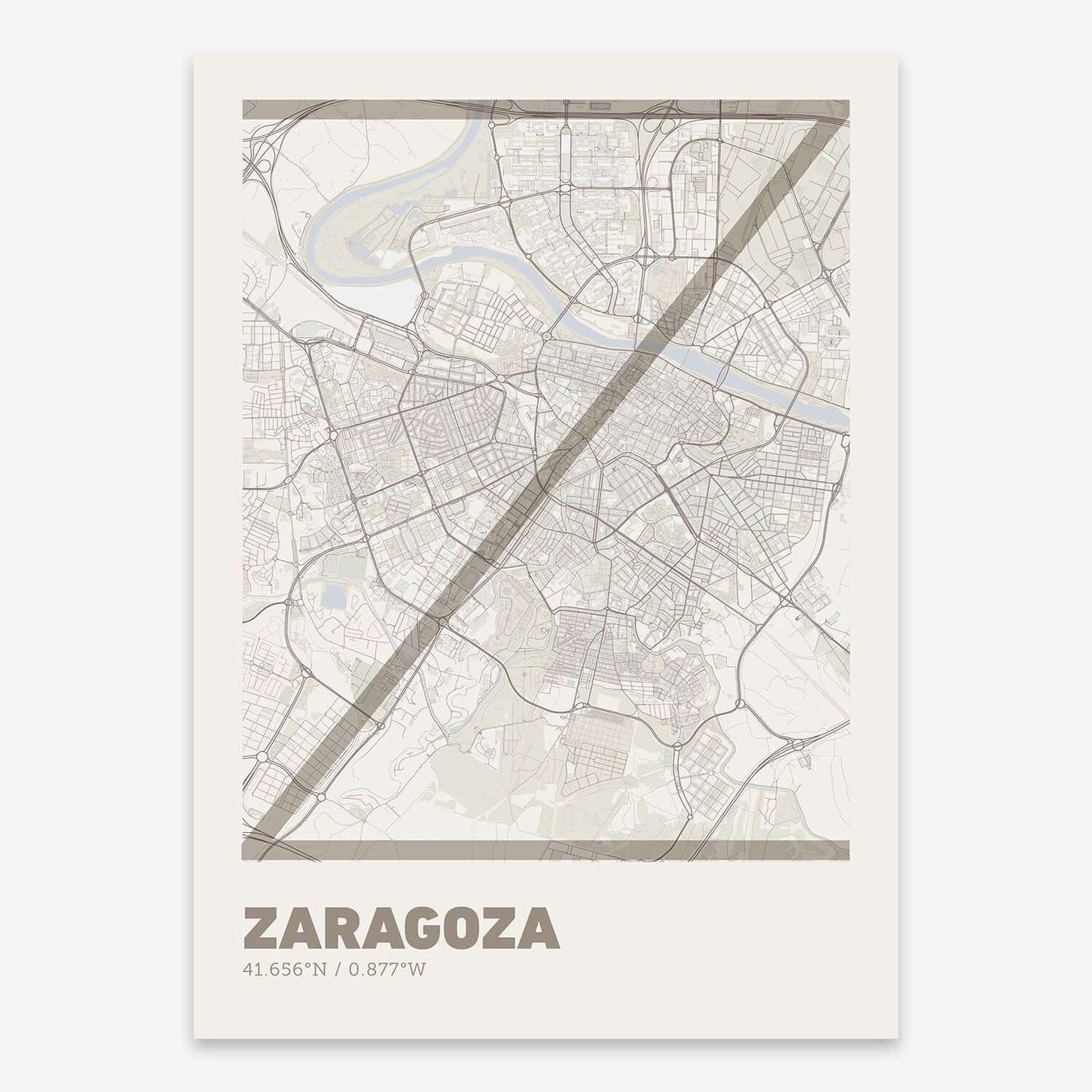 The map of Zaragoza composed with letters in extra light font printed on light brown and an off-white background