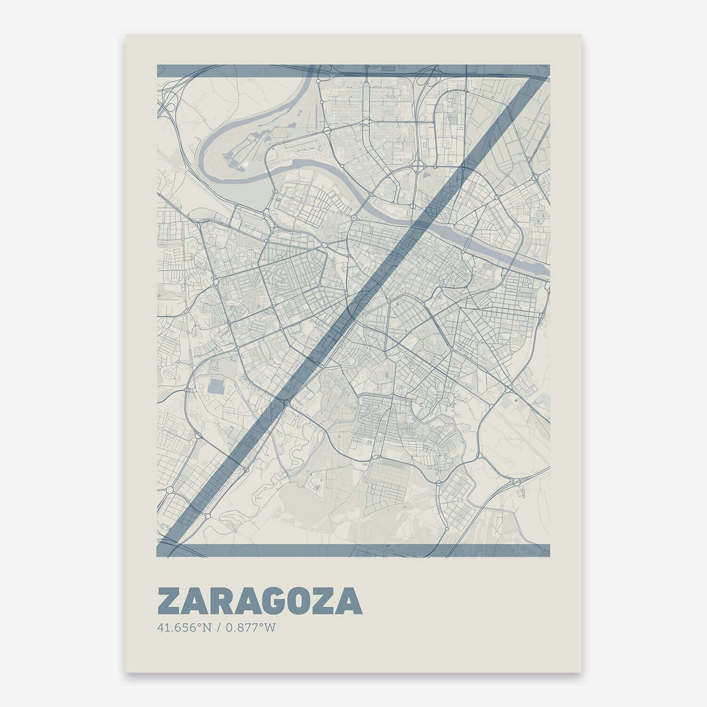 The map of Zaragoza composed with letters in extra light font printed on bluish gray and an off-white background