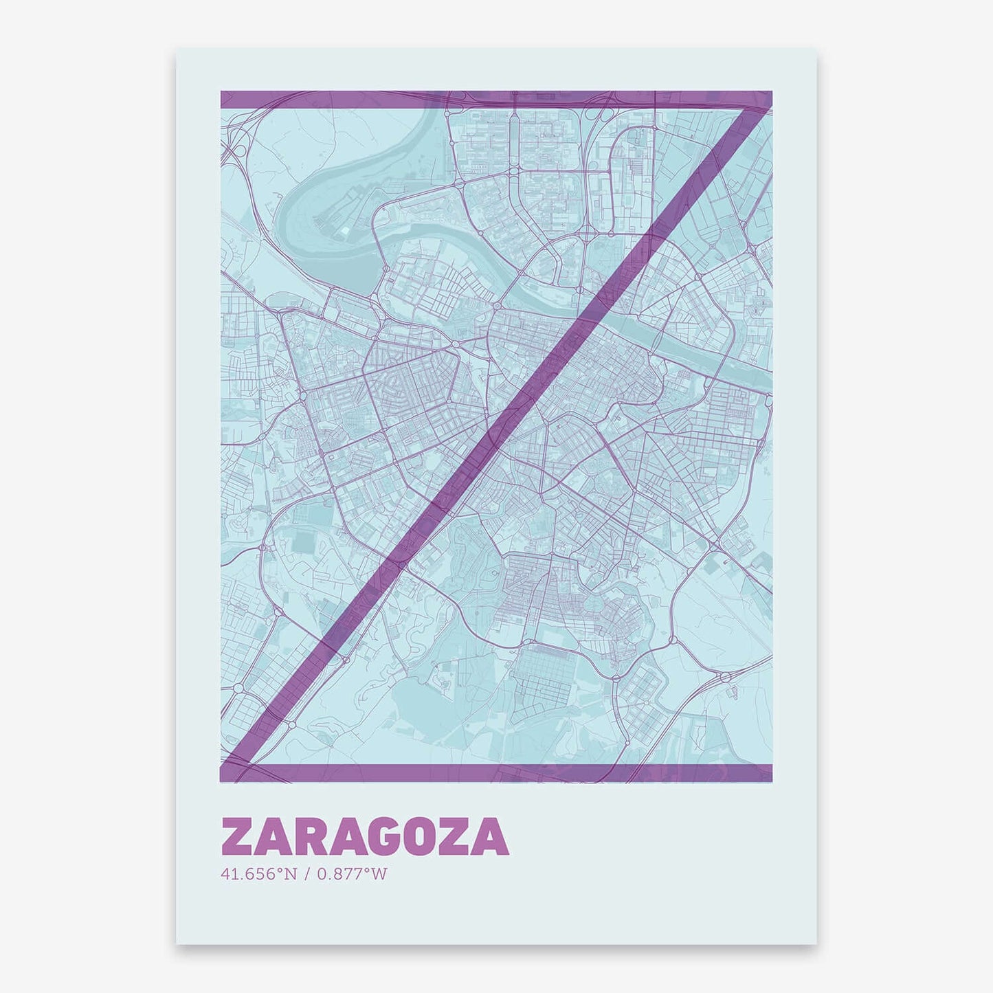 The map of Zaragoza composed with letters in extra light font printed on purple and light blue