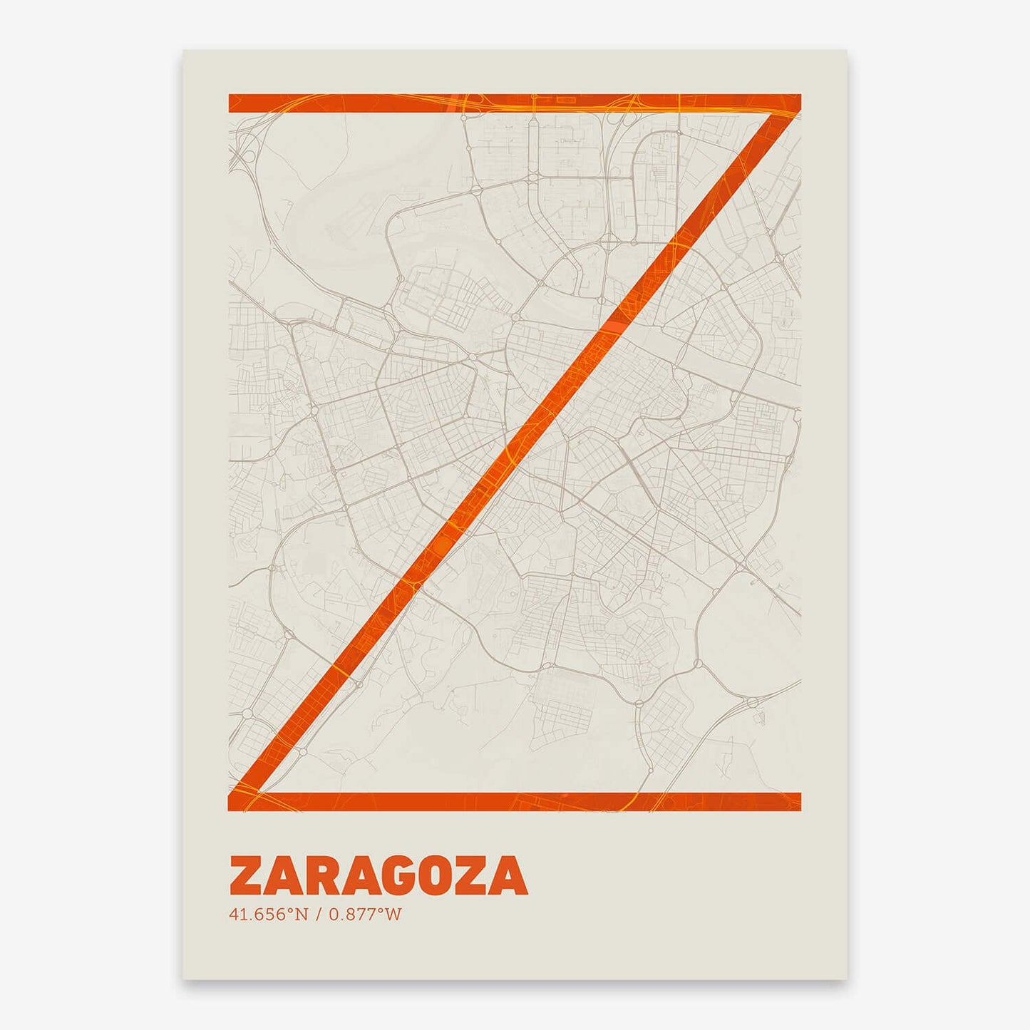The map of Zaragoza composed with letters in extra light font printed on orange and an off-white background