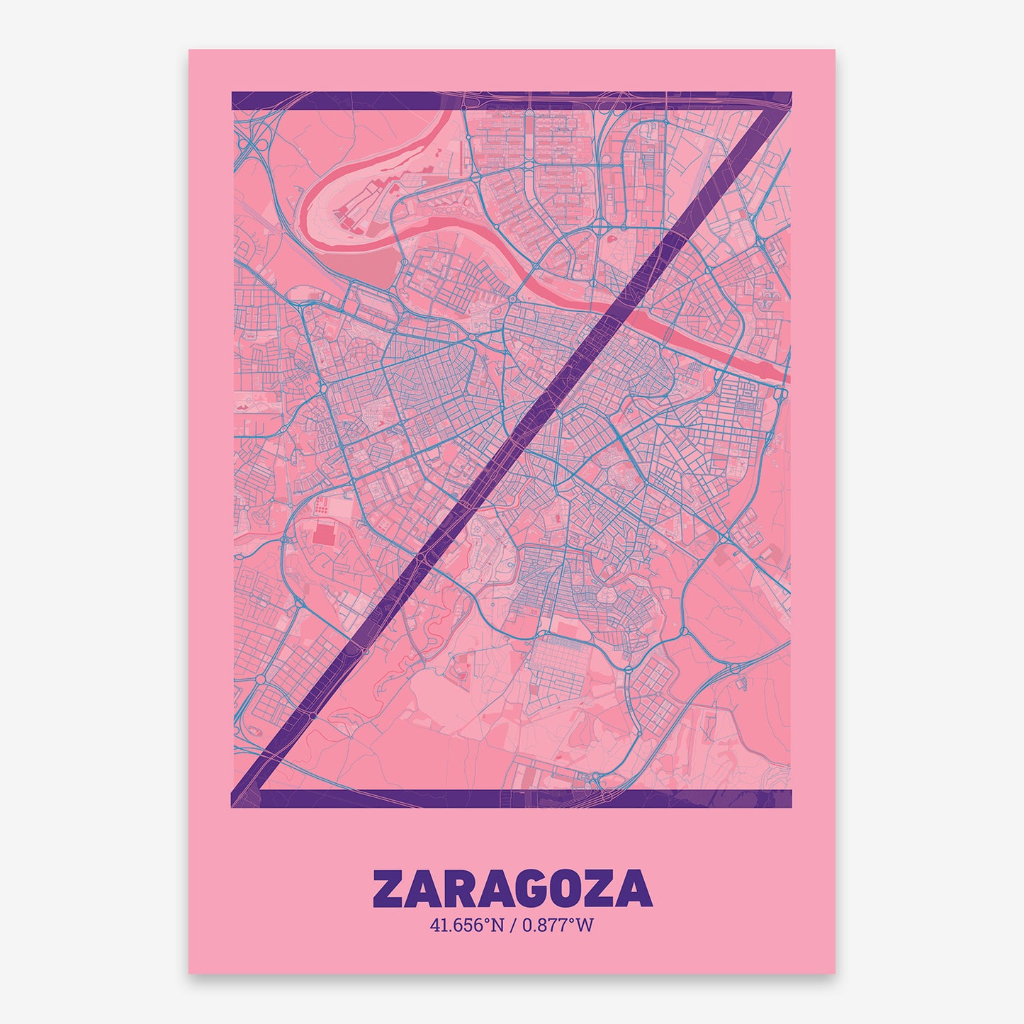 The map of Zaragoza composed with letters in extra light font printed on violet y pink background