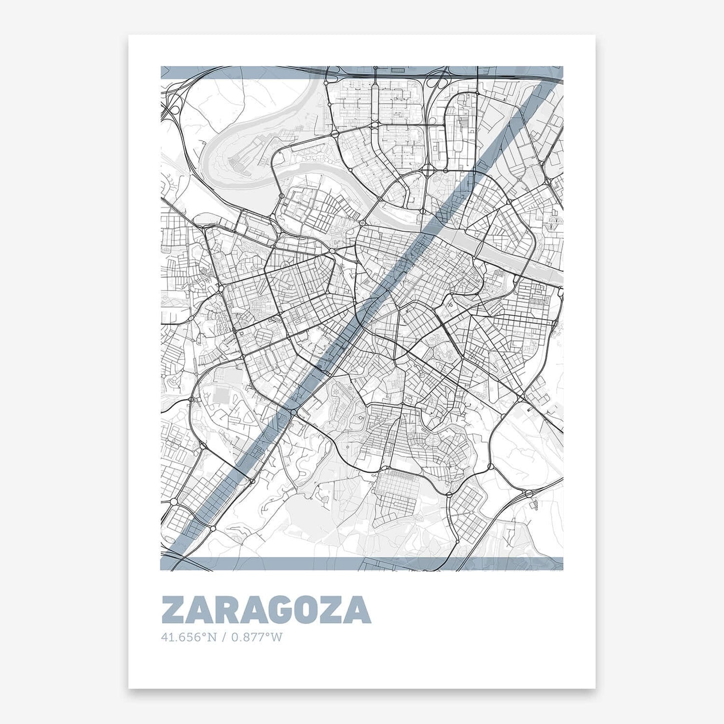 The map of Zaragoza composed with letters in extra light font printed on black and white