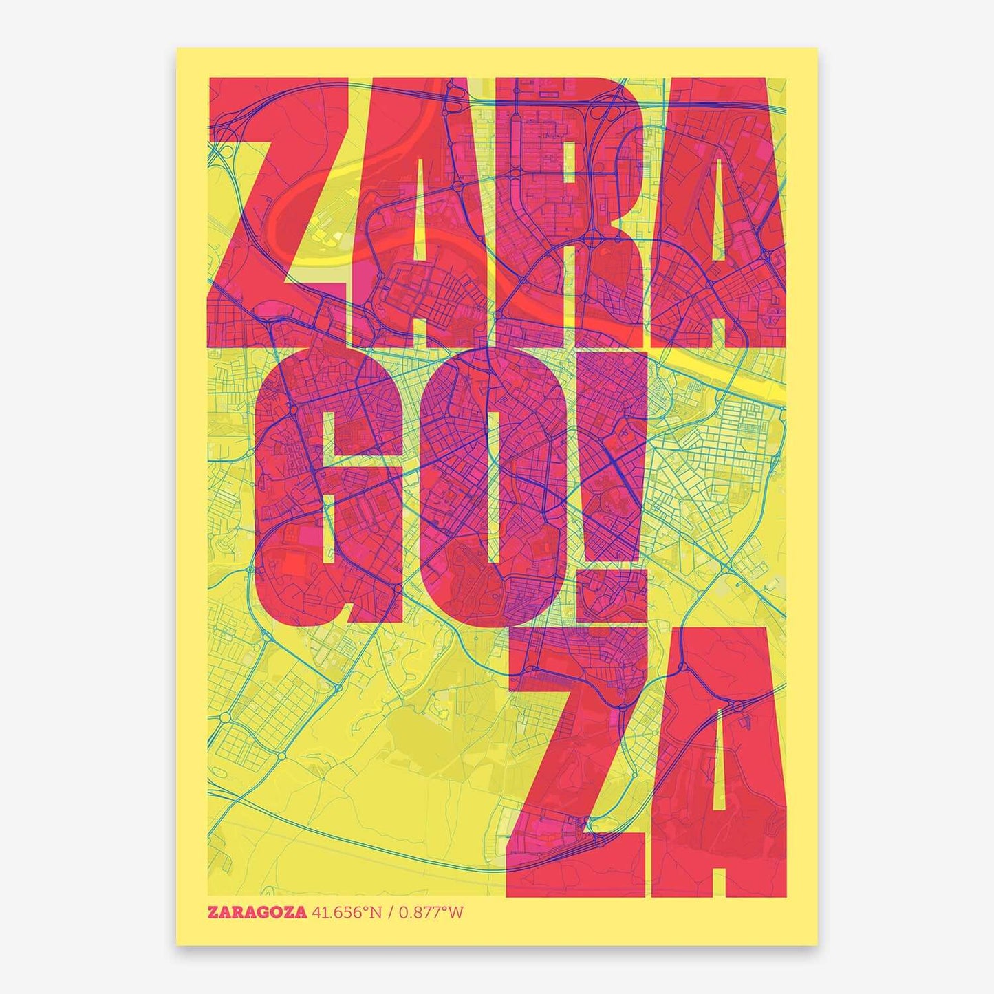 The map of Zaragoza with letters of its name placed randomly, designed in yellow and fuchsia