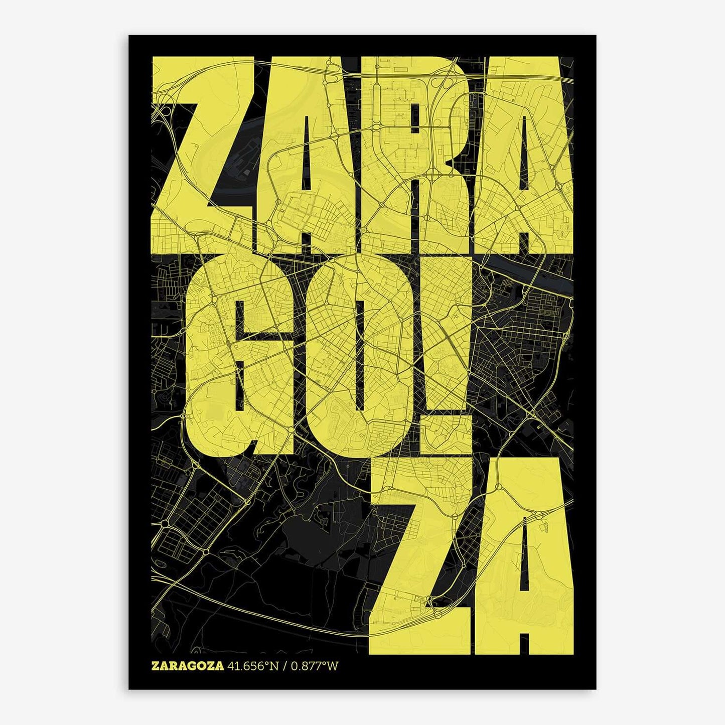 The map of Zaragoza with letters of its name placed randomly, designed in black and yellow
