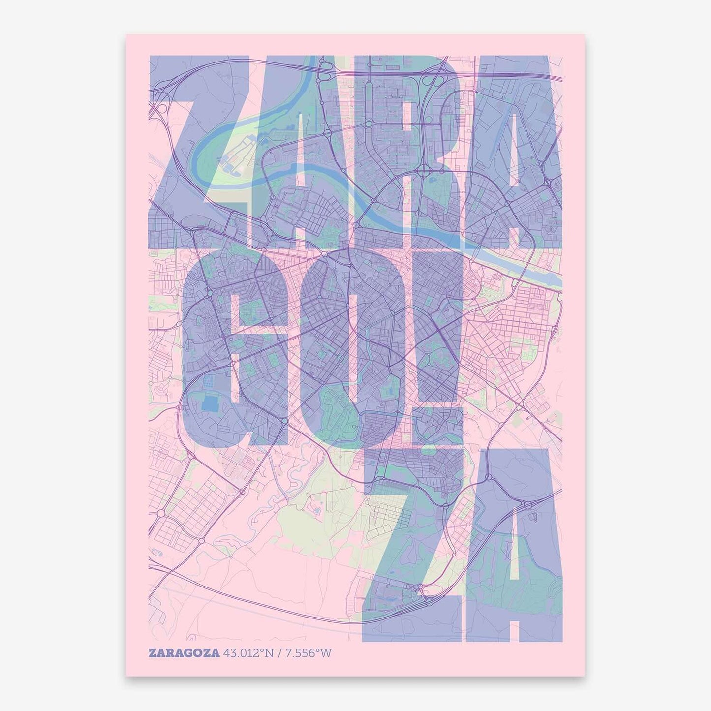 The map of Zaragoza with letters of its name placed randomly, designed in pink and light blue
